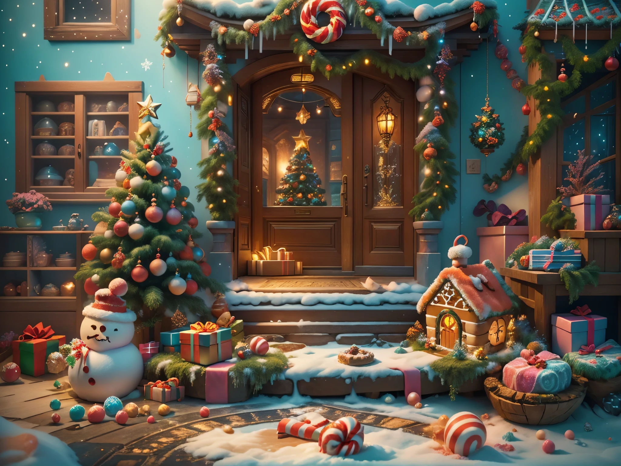 (tmasterpiece),（ultra - detailed:1.3），(Close-up: 1.8), Best quality，（棉花糖一样的白yuki:1.2），（Christmas courtyard in blue fairy tale:1.6），(蓝色门上圣诞decorationlower ring: 1.8),（suns），(((Delicious candies in front of the door，Christmas tree, gifts, Christmas stockings, cute gingerbread man，chocolate house splash))), Illustration style, decorations, Fantasy Christmas small courtyard, Lovely design style, yuki，rays of sunshine，vivd colour、 ((Whimsical and charming fantasy)), Surreal portrait, (Fantasy themed Christmas cabin), (Whimsical Christmas Accessories), (Colorful, Landscape full of candy), (enchanting, 神奇的Christmas tree), (A vibrant one, Candy-colored courtyard), (Candy Road), (candy door) in distance, (Like a mirror, 不对称tmasterpiece钟表配件), (Rich, fantasticcolors), (温暖的rays of sunshine) (four dimensional dream), (enchanting atmosphere), (Playful composition), (生动的rays of sunshine效果), 1.4x realism，hyper HD，Shown in this beautiful scene，(Very meticulous，Reasonable design，Clear lines，High- sharpness，tmasterpiece，offcial art，movie light effect，8K)