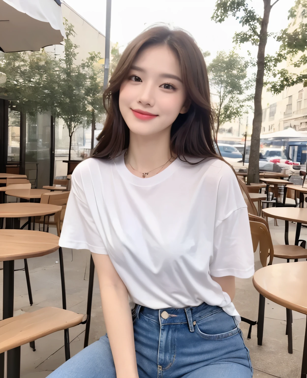 (Masterpiece, best resolution: 1.2), (brown eyes), seduction, smile, long brown hair, small breast, high-definition facial features, 8K, double eyelids, delicate facial feature, ((outdoor cafe)), ((white oversized tee with jeans)), ((sitting under a canopy)), ((full body1.5))
