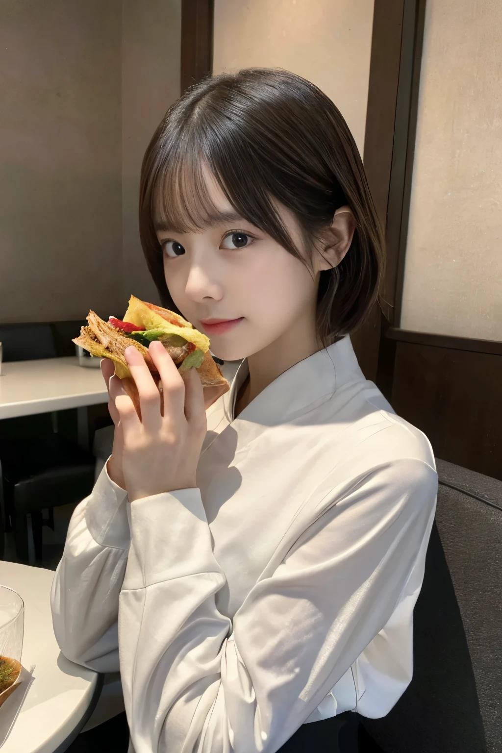 masutepiece, Best Quality, Ultra-detailed, finely detail, hight resolution, 8K, Perfect dynamic composition,inside a classroom、(((Contain only one thin sausage in your mouth)))、White uniform、Red mini skirt、Japan 18-year-old woman、 Beautiful detailed eyes, Medium short hair, Natural Color Lip,F Cup Breasts、、bangss、cute smile face、Stick out your tongue and lick