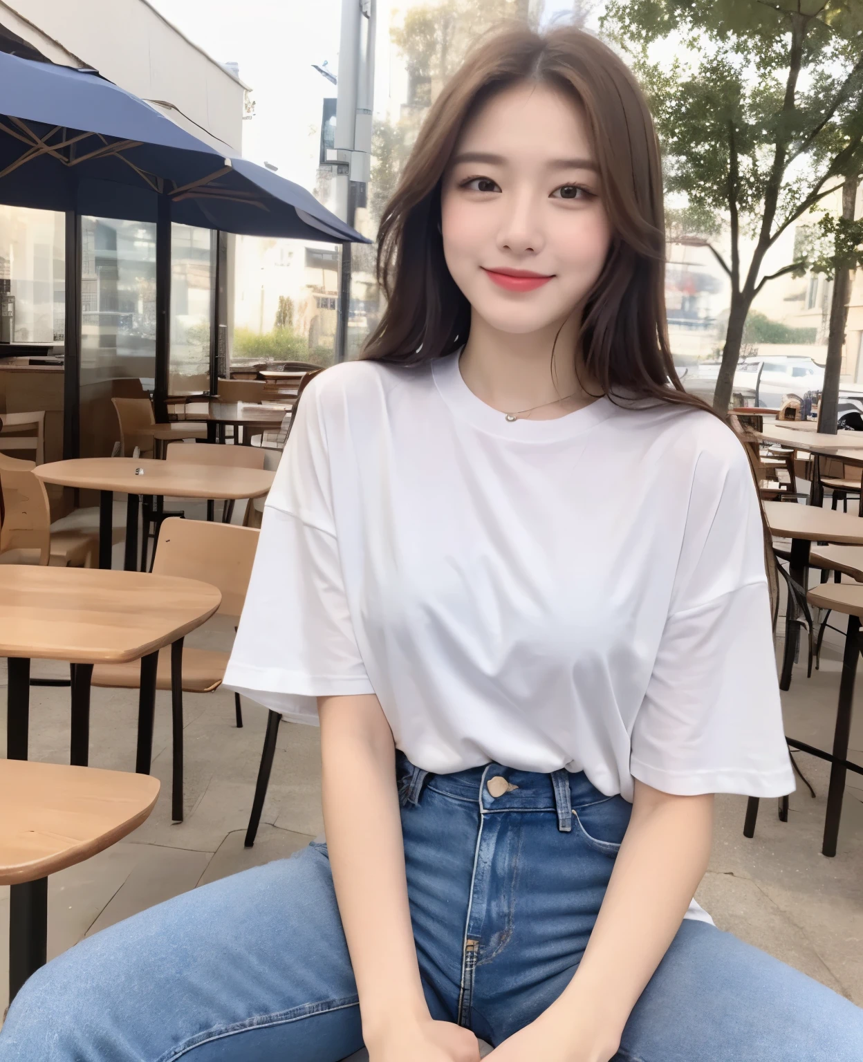 (Masterpiece, best resolution: 1.2), (brown eyes), seduction, smile, long brown hair, small breast, high-definition facial features, 8K, double eyelids, delicate facial feature, ((outdoor cafe)), ((white oversized tee with jeans)), ((sitting under a canopy)), ((full body1.5))
