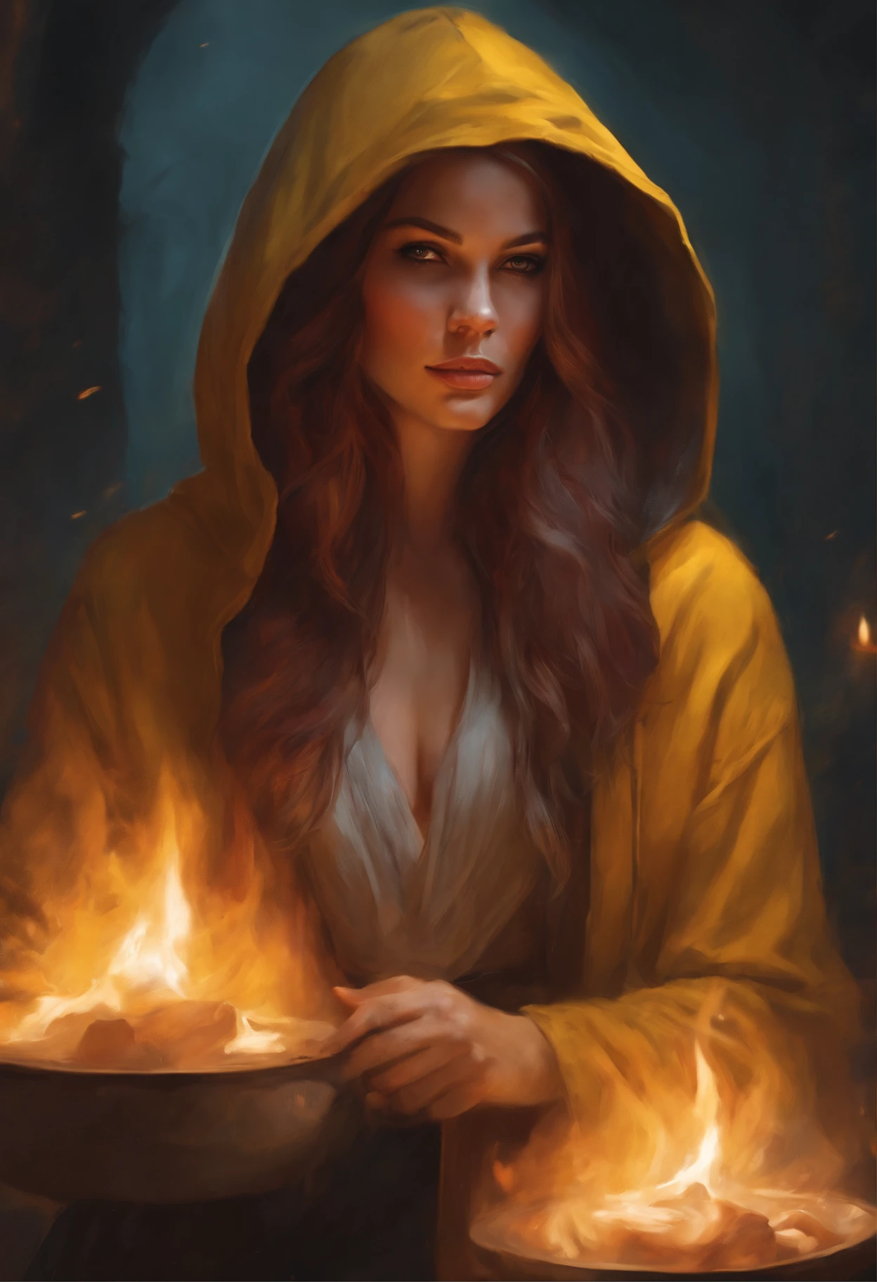 Photo of a burning man with gray hair., yellow eyes and hoodie., fire, scratch on face, beautiful character painting, white-haired god, graphic artist magali villeneuve, alena aenami and artgerm, fantasy concept art portrait, female redhead templar, Artgerm Craig Mullins, charlie bowater character art, magali villeneuve', charlie bowater rich deep colors, gorgeous digital painting