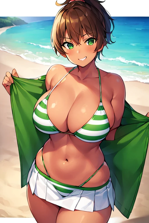 1girl, tan skin, tan body, breasts, large breasts, thick thighs, wide hips, brown hair, pixie cut, tomboy, boyish, green eyes, bikini, white bikini, green stripes, striped bikini, skirt, miniskirt, (miniskirt), ponytail, striped, smile, smirk, smug, spiked hair, (spiked hair)