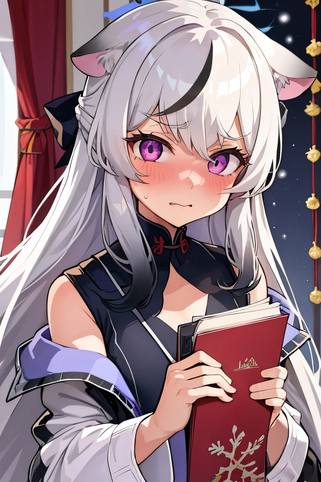 1girl, kokona, indoors, purple eyes, white hair, :3 mouth, embarrassed, beautiful eyes, beautiful lips, shiny lips, extremely detailed eyes and face, long eyelashes, close-up, warm lighting, vibrant colors, looking at the viewer, embarrassed look, blush, Christmas outfit, Christmas atmosphere