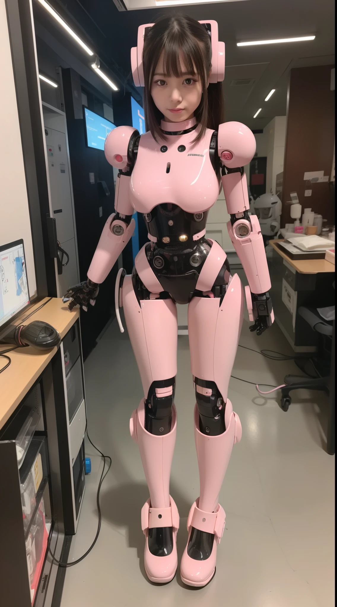 masterpiece, best quality, extremely detailed, (8K, 4K, Best Quality, Hight resolution, 超A high resolution:1.1), 8K portrait,1girl in, Japanese android girl, android teacher, control panels, android, Droid, Mechanical Hand, ,Robot arms and legs, Black hair, Mechanical body, Blunt bangs, Pink Robotics Parts, perfect robot woman, Charging spot, Long Tube, A thick cable was connected to her neck, ceramic body , android, robot humanoid, panty, full eyes, perfect mechanical body, pink robotics body, future assembly plant, Pink body, She has repaired, lack sponge joints, android assembly plant, android, laboratory, platform boots, perfect machine body, pink robot body