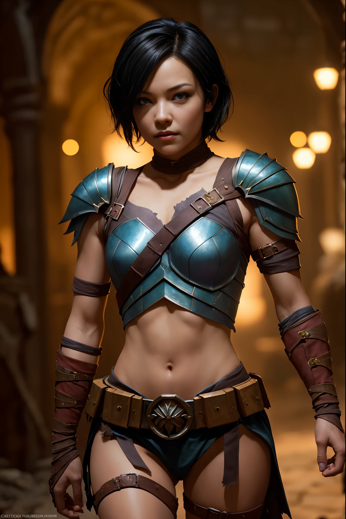 A beautiful female rogue, short black hair, Dungeons and Dragons aesthetic, skimpy armour, high detail face, high detail skin, 8, HDR, high resolution, photo-realistic, cinematic lighting, depth of field, bokeh, rim lighting, backlit, cool colours, night