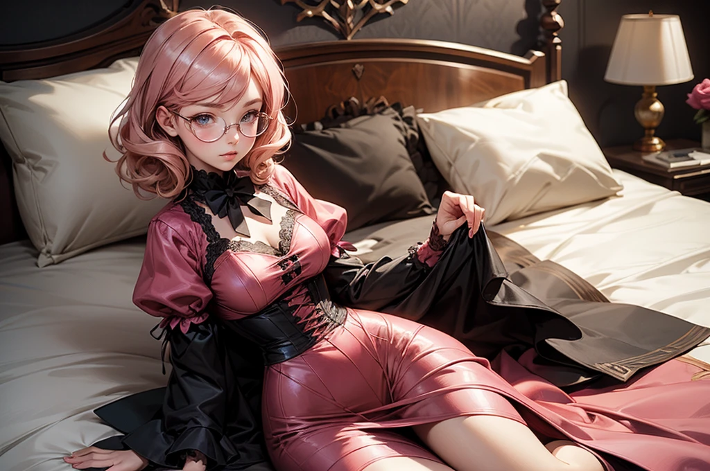 Anime girl tuxedo with curly rose gold hair and round gold glasses, rose gold eyes. Guviz style art, attractive detailed art style, Charlie Bowater Style, 1 7 - year - old cute anime girl, detailed manga style, detailed anime character art, germ of art. High detail, stunning manga art style. Rose dress. (pink dress) . Wearing rose gold Victorian clothing. Laying on the bed.