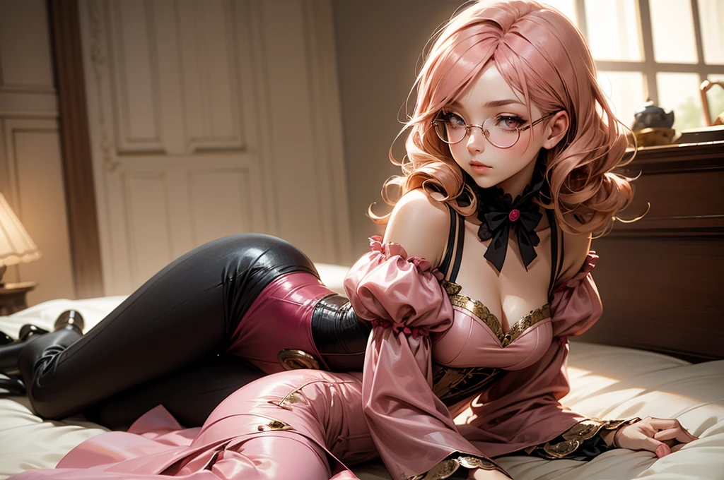 Anime girl tuxedo with curly rose gold hair and round gold glasses, rose gold eyes. Guviz style art, attractive detailed art style, Charlie Bowater Style, 1 7 - year - old cute anime girl, detailed manga style, detailed anime character art, germ of art. High detail, stunning manga art style. Rose dress. (pink dress) . Wearing rose gold Victorian clothing. Laying on the bed.