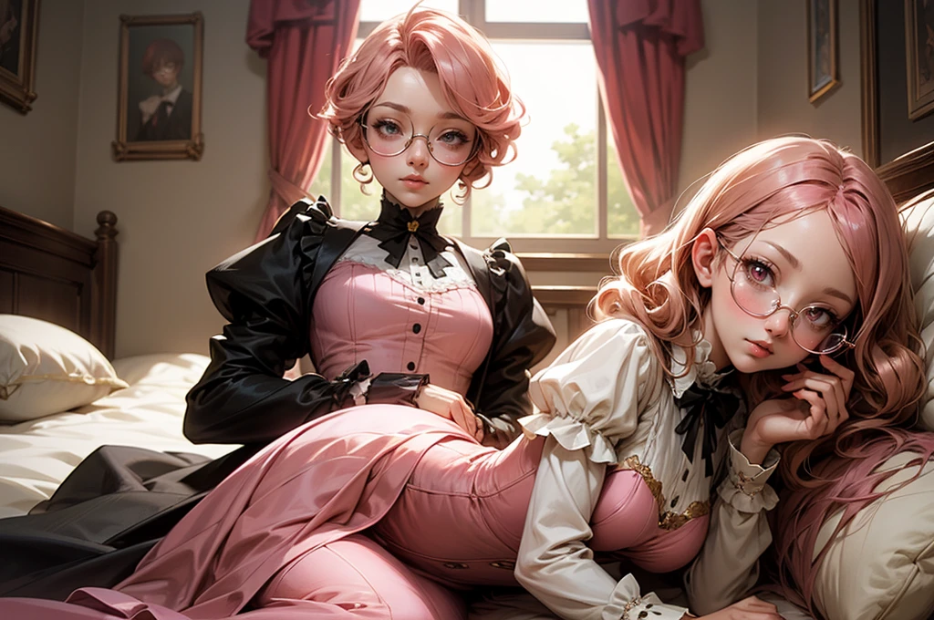Pink hair,High long ponytail,round frame glasses,Year of the cardamom,Pink over-the-knee skirt,Translucent white stockings,library,Librarian,Reading,desks,Tsundere,White and tender,Wearing white gloves,plain face,Slim,little breast,in one hand Holding a book,World Masterpieces,Clear conditioning,Gao cold eyes,Reddish cheeks,having fun,HighestQuali,eyes highlights,Vivid,Eyes facing the lenses,Erudition,8K,leathery,Slim,high light,shadowing,Wrap the chest,diplomat,little mouth,Look happy,Pupil highlights