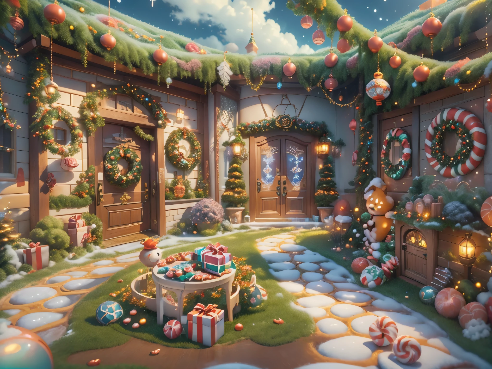 (tmasterpiece),（ultra - detailed:1.3），(Close-up: 1.8), Best quality，（棉花糖一样的白yuki:1.2），（Christmas courtyard in blue fairy tale:1.6），(蓝色门上圣诞decorationlower ring: 1.8),（suns），(((Delicious candies in front of the door，Christmas tree, gifts, Christmas stockings, cute gingerbread man，chocolate house splash))), Illustration style, decorations, Fantasy Christmas small courtyard, Lovely design style, yuki，rays of sunshine，vivd colour、 ((Whimsical and charming fantasy)), Surreal portrait, (Fantasy themed Christmas cabin), (Whimsical Christmas Accessories), (Colorful, Landscape full of candy), (enchanting, 神奇的Christmas tree), (A vibrant one, Candy-colored courtyard), (Candy Road), (candy door) in distance, (Like a mirror, 不对称tmasterpiece钟表配件), (Rich, fantasticcolors), (温暖的rays of sunshine) (four dimensional dream), (enchanting atmosphere), (Playful composition), (生动的rays of sunshine效果), 1.4x realism，hyper HD，Shown in this beautiful scene，(Very meticulous，Reasonable design，Clear lines，High- sharpness，tmasterpiece，offcial art，movie light effect，8K)