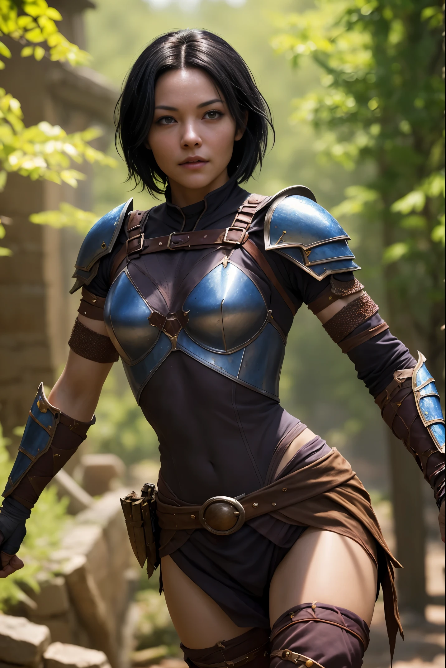 A beautiful female rogue, short black hair, Dungeons and Dragons aesthetic, skimpy armour, high detail face, high detail skin, 8, HDR, high resolution, photo-realistic, cinematic lighting, depth of field, bokeh, rim lighting, backlit, cool colours, night