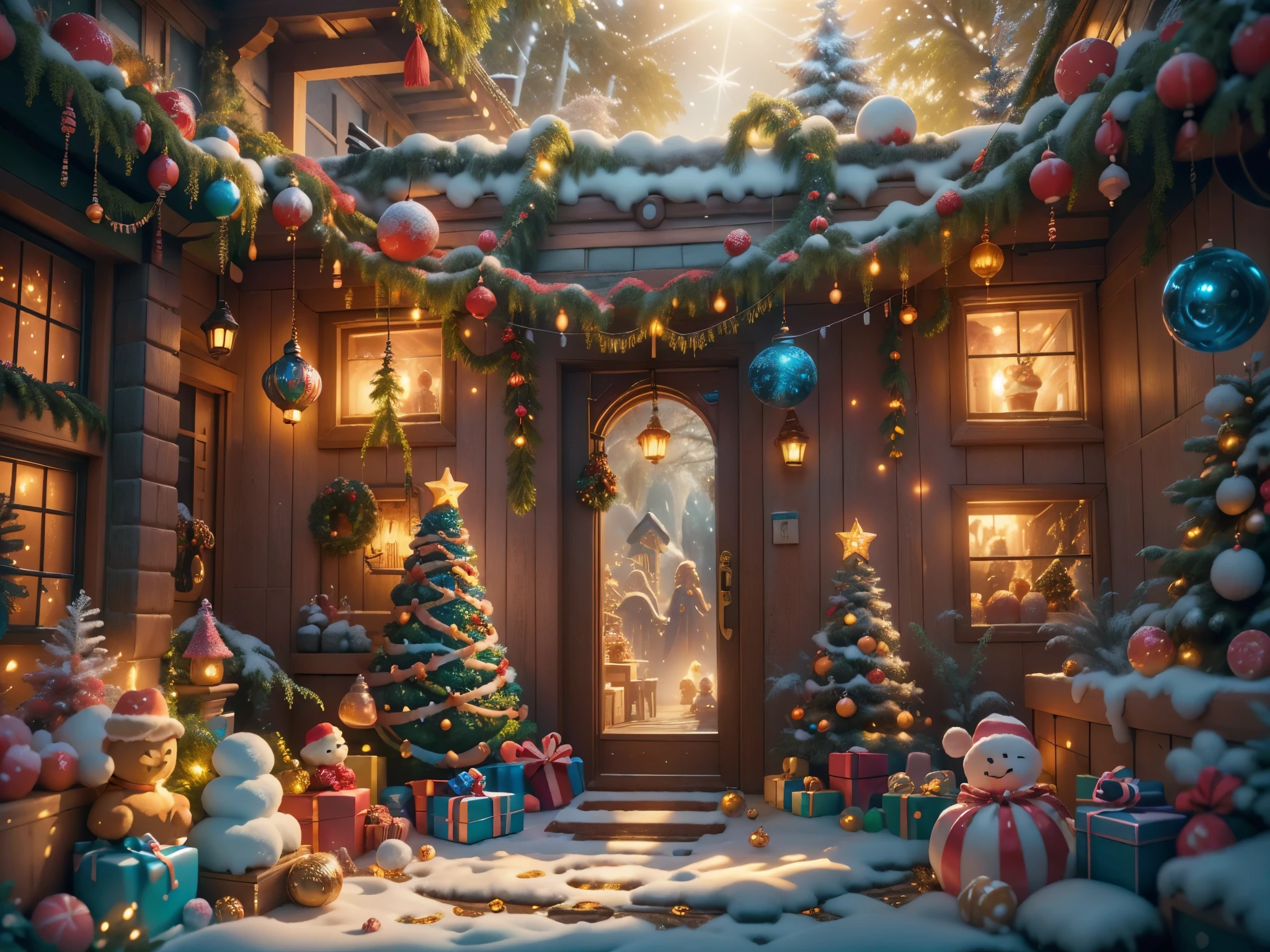 (tmasterpiece),（ultra - detailed:1.3），(closeup cleavage: 1.8), Best quality at best，（Sparkling:1.2），（Christmas garden in a dreamy fairy tale:1.6），(Neon house，门上圣诞decor下环: 1.8),（themoon），(((There are delicious candies in front of the door，Christmas tree, gifts, Christmas stockings, cute gingerbread man，chocolate house splash))), Illustration style, decor, Fantasy Christmas courtyard, Lovely design style, natta，Yuki，moon full，vibrant with colors、 ((Whimsical and charming fantasy)), Surreal portrait, (Fantasy themed Christmas cabin), (Whimsical Christmas Accessories), (Colorful, Landscape full of candy), (enchanting, 神奇的Christmas tree), (a vibrant one, candy colored garden), (candy road), (candy door) in distance, (Like a mirror, 不对称tmasterpiece钟表配件), (Rich, fantasticcolors), (Twinkling Star Dimension Dream), (enchanting atmosphere), (Playful composition), (Vivid lighting effects), 1.4x more realism，hyper HD，Shown in this beautiful scene，(Very meticulous，Reasonable design，Clear lines，High- sharpness，tmasterpiece，offcial art，movie light effect，8K)