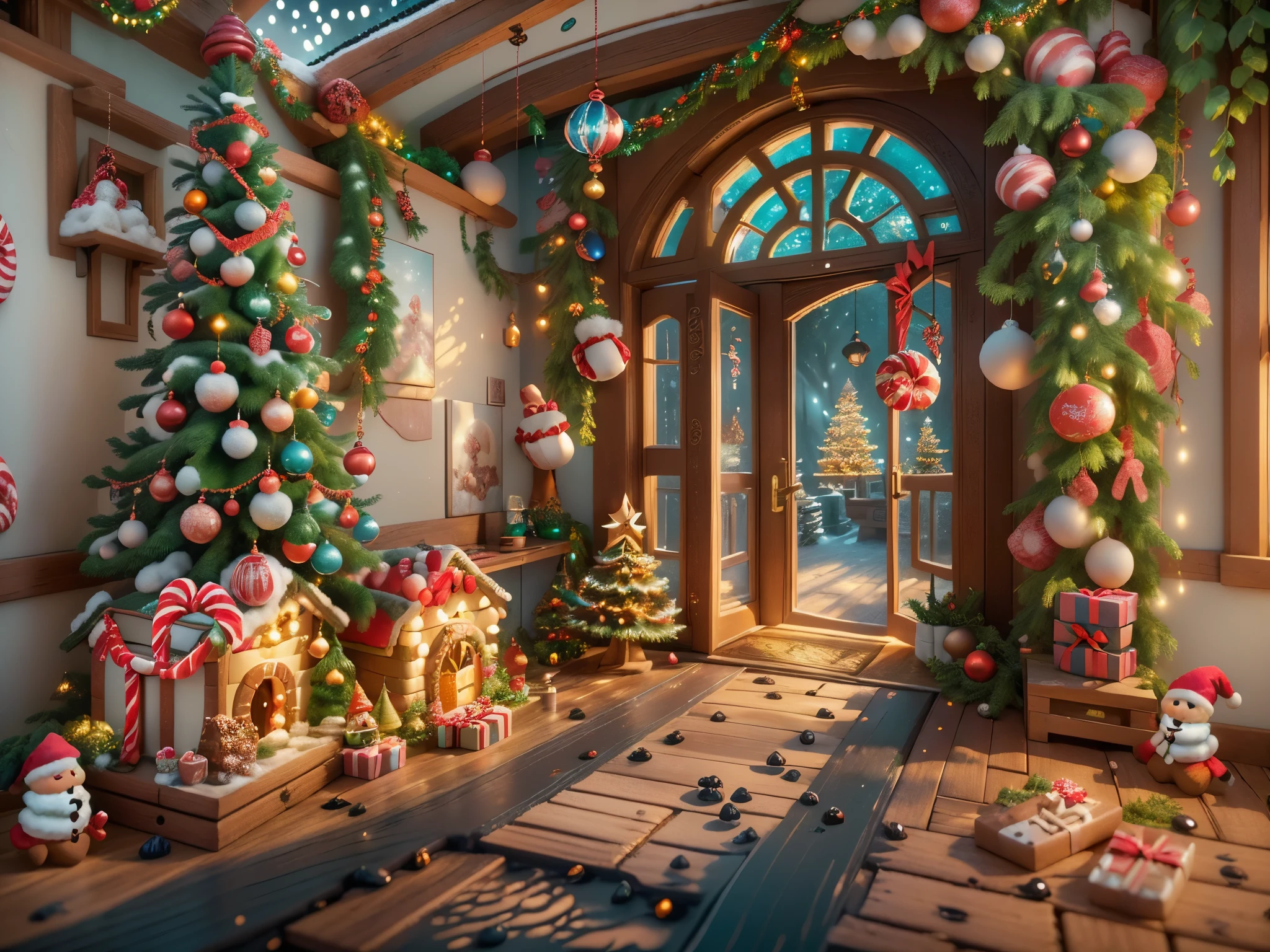 (tmasterpiece),(ultra - detailed:1.3),(Close-up: 1.8), Best quality,(棉花糖一样的白yuki:1.2),(Christmas courtyard in fairy tale:1.6),(门上圣诞decorationlower ring: 1.8),(themoon),(((Delicious candies in front of the door,Christmas tree, gifts, Christmas stockings, cute gingerbread man,chocolate house splash))), Illustration style, decorations, Fantasy Christmas small courtyard, Lovely design style, yuki,rays of sunshine,vivd colour、 ((Whimsical and charming fantasy)), Surreal portrait, (Fantasy themed Christmas cabin), (Whimsical Christmas Accessories), (Colorful, Landscape full of candy), (enchanting, 神奇的Christmas tree), (A vibrant one, Candy-colored courtyard), (Candy Road), (candy door) in distance, (Like a mirror, 不对称tmasterpiece钟表配件), (Rich, fantasticcolors), (温暖的rays of sunshine) (four dimensional dream), (enchanting atmosphere), (Playful composition), (生动的rays of sunshine效果), 1.4x realism,hyper HD,Shown in this beautiful scene,(Very meticulous,Reasonable design,Clear lines,High- sharpness,tmasterpiece,offcial art,movie light effect,8K)