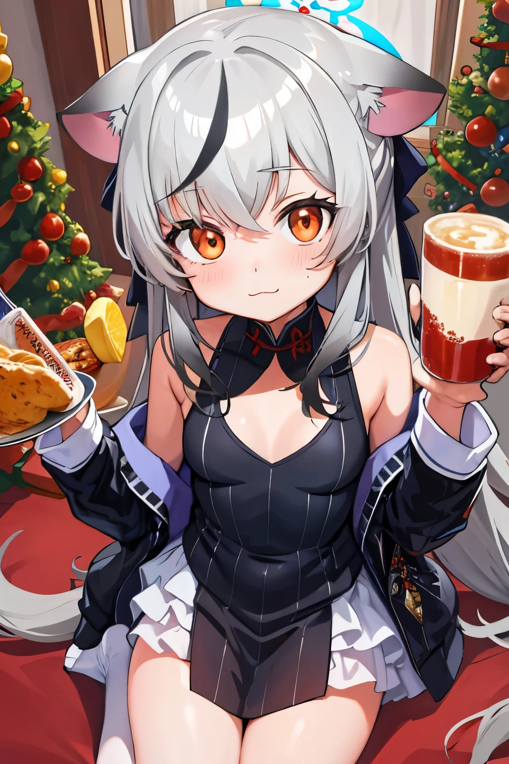 1 black cat Girl, shining eyes, neon. black background, bathing in a cup of ramen , cat