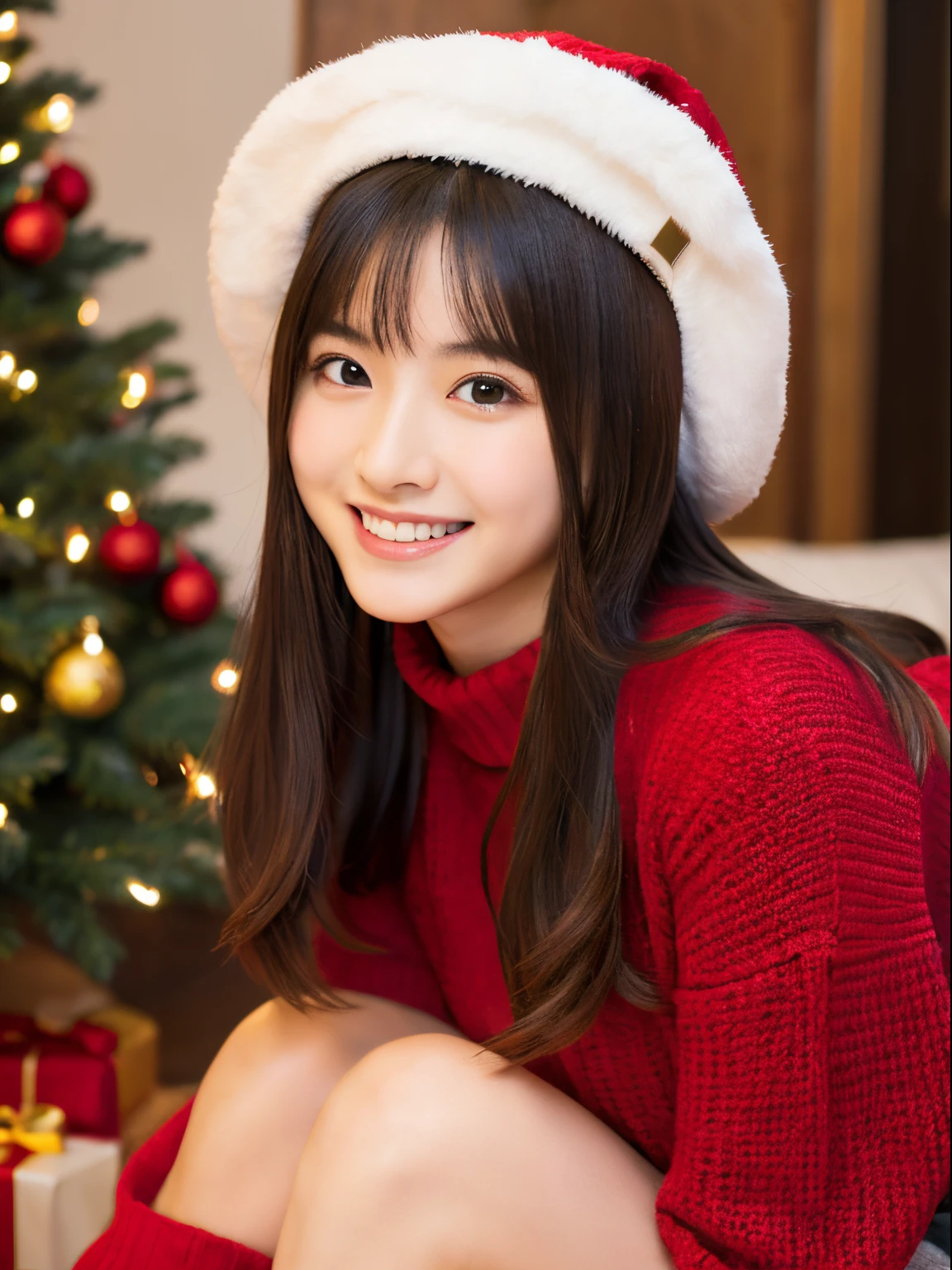 (8k, RAW photo, best quality, masterpiece, ultra detailed,realistic, photo-realistic, real person:1.3), selfie, Japanese idol, (detailed skin: 1.2), pale skin, cute face, brown eyes, smiling, looking at viewer , 23 years old, ((Santa hat)), ((red sweater)), 1 Christmas tree, cozy room, shorts, sofa, (cleavage:0.5), legs open