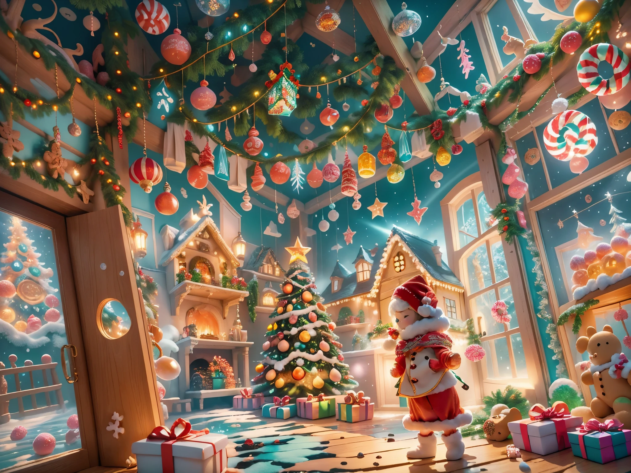 (tmasterpiece),（ultra - detailed:1.3），(Close-up: 1.8), Best quality，（棉花糖一样的白yuki:1.2），（Christmas courtyard in fairy tale:1.6），(门上圣诞decorationlower ring: 1.8),（themoon），(((Delicious candies in front of the door，Christmas tree, gifts, Christmas stockings, cute gingerbread man，chocolate house splash))), Illustration style, decorations, Fantasy Christmas small courtyard, Lovely design style, yuki，rays of sunshine，vivd colour、 ((Whimsical and charming fantasy)), Surreal portrait, (Fantasy themed Christmas cabin), (Whimsical Christmas Accessories), (Colorful, Landscape full of candy), (enchanting, 神奇的Christmas tree), (A vibrant one, Candy-colored courtyard), (Candy Road), (candy door) in distance, (Like a mirror, 不对称tmasterpiece钟表配件), (Rich, fantasticcolors), (温暖的rays of sunshine) (four dimensional dream), (enchanting atmosphere), (Playful composition), (生动的rays of sunshine效果), 1.4x realism，hyper HD，Shown in this beautiful scene，(Very meticulous，Reasonable design，Clear lines，High- sharpness，tmasterpiece，offcial art，movie light effect，8K)