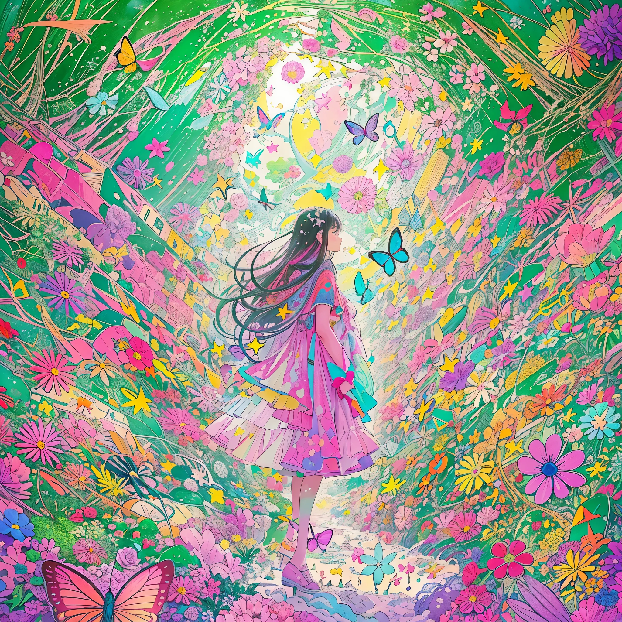 (flat-colors:1.4)、(colourfull:1.8)、(masuter piece:1.2)、top-quality、masterpiece、Original、highly detailed wallpaper、Melody Mark,top-quality、masutepiece、1womanl、独奏、(abstract art:1.4),(Psychedelia Theme:1.6),(Gunjo World:1.5),(Snow World:1.5),(Winter World:1.5),(At the center of the world is the most beautiful woman in the world),(many stars are falling:1.3),A ray of light spreads,Crystals spreading from the center,prisma(Nostalgic landscapes:1.5),(colorful flower:1.3),Garden Girl,gentle sunlight,Soft breeze,Delicate flowers,A rainbow-colored butterfly flaps its wings,Mesmerizing natural beauty,Fragments of Shining Stars, krystal,