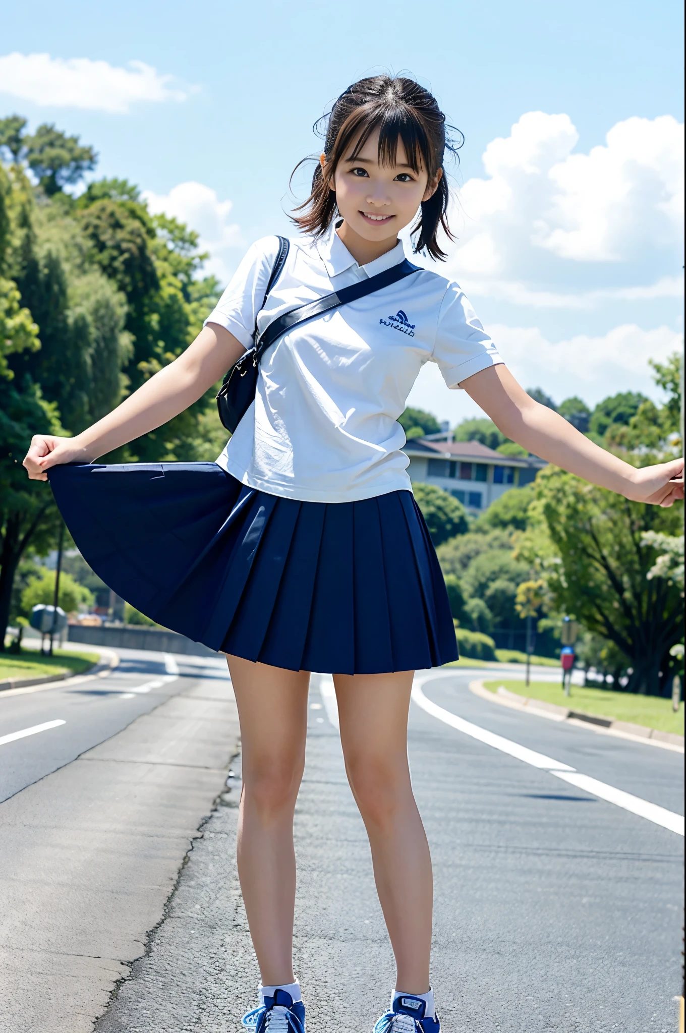 8K、Top image quality、​masterpiece、17 age、1little girl、Japanese high school students、Grip the handle shoulder-width apart、Raise your right leg and lower your left leg、Summer Uniforms、blue-sky、Road bike、Ride a bike and feel the wind、Expressing the speed and dynamism of a bicycle、