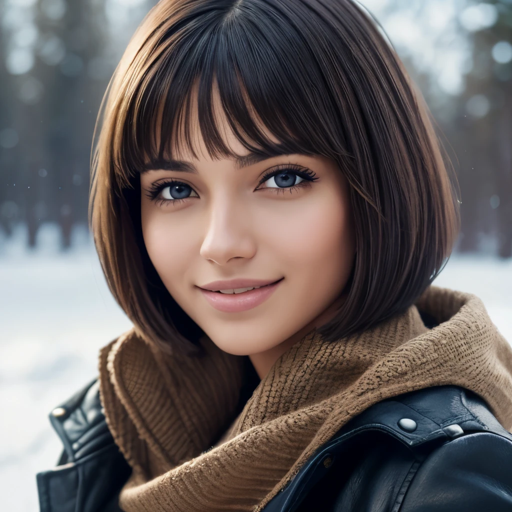 Isabela Merced, smiling, big breasts, bob cut hair, winter clothes, (skin texture:1.1), (high detail face:1.1), high detail body, high detail clotheasterpiece), (realistic), ultra high definition, 4k, ultra high resolution