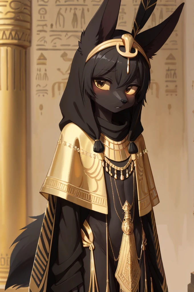girl, , fluffy black fur, jackal, anthro, slender, Egyptian attire, gold embroidered poncho, feather body suit,