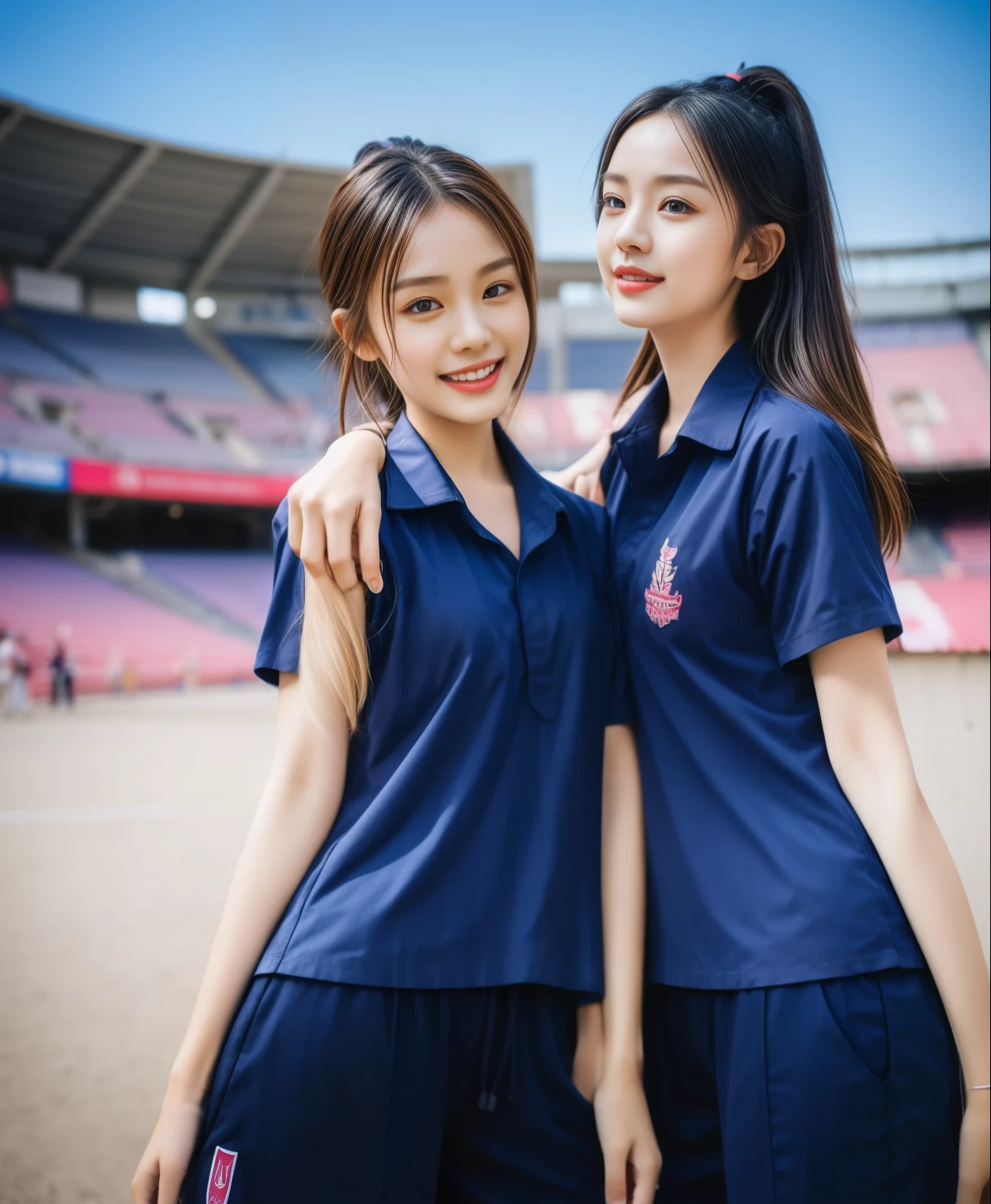 (bestquality,10,10,highres,masterpiece:1.2),ultra-detail,(Realistic,ภาพRealistic,photo-realistic:1.37),1 Cute girl in the football field,oily shiny skin,bara,light smile,BDclothelue shirt:1.3)),short sleeves,shirt, trousers.,(navy_long_ติดตามtrousers:1.1), ((Stadium Background:1.3)),dynamic angle,excited,face focus,Dynamic Poses,from behide,Ass Focus,masterpiece, bestquality, ultra realistic, hyper-detail, 8k resolution, RAW photo, crisp focus, ((Navy blue shirt:1.1)), short sleeves, เส้นทางlong, Complete bodyแบบ, 2 mature women, 18yo, cinematic light,trousersวอร์มสีน้ําเงิน,Gymware,Correct anatomy,Complete body, Correct body, sharp face, Correct bodyทางกายวิภาค, full entire body, Realistic gestures, long-haired, Realistic poses,Wear long shorts................................,ช่วงขาlong,Shapely,Sculpting Girl, Slender Figure, mannequin mannequins, Shapely, Beautiful body,trousersวอร์มสีน้ําเงิน, Two girls kissing