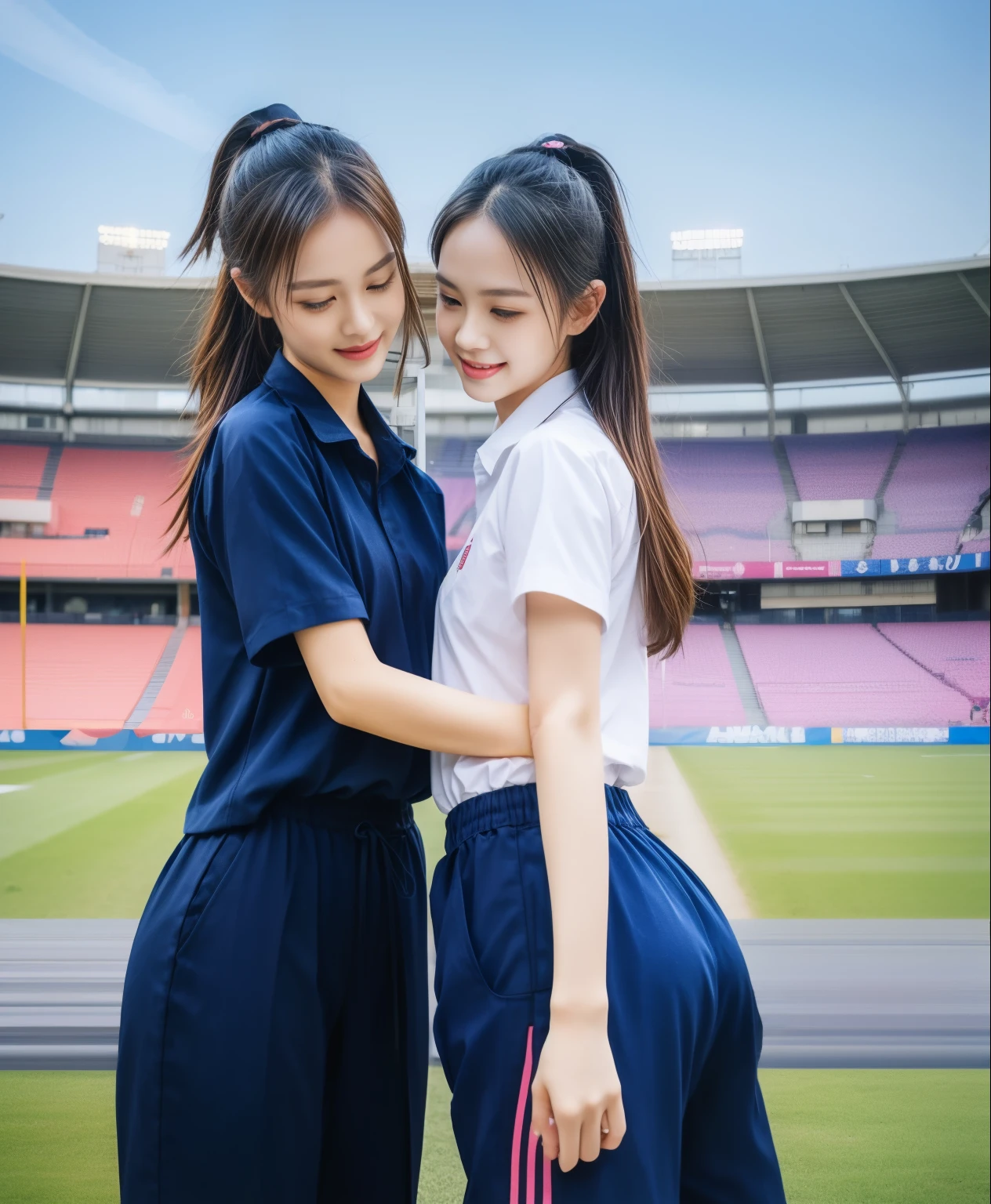 (bestquality,10,10,highres,masterpiece:1.2),ultra-detail,(Realistic,ภาพRealistic,photo-realistic:1.37),1 Cute girl in the football field,oily shiny skin,bara,light smile,BDclothelue shirt:1.3)),short sleeves,shirt, trousers.,(navy_long_ติดตามtrousers:1.1), ((Stadium Background:1.3)),dynamic angle,excited,face focus,Dynamic Poses,from behide,Ass Focus,masterpiece, bestquality, ultra realistic, hyper-detail, 8k resolution, RAW photo, crisp focus, ((Navy blue shirt:1.1)), short sleeves, เส้นทางlong, Complete bodyแบบ, 2 mature women, 18yo, cinematic light,trousersวอร์มสีน้ําเงิน,Gymware,Correct anatomy,Complete body, Correct body, sharp face, Correct bodyทางกายวิภาค, full entire body, Realistic gestures, long-haired, Realistic poses,Wear long shorts................................,ช่วงขาlong,Shapely,Sculpting Girl, Slender Figure, mannequin mannequins, Shapely, Beautiful body,trousersวอร์มสีน้ําเงิน, Two girls kissing