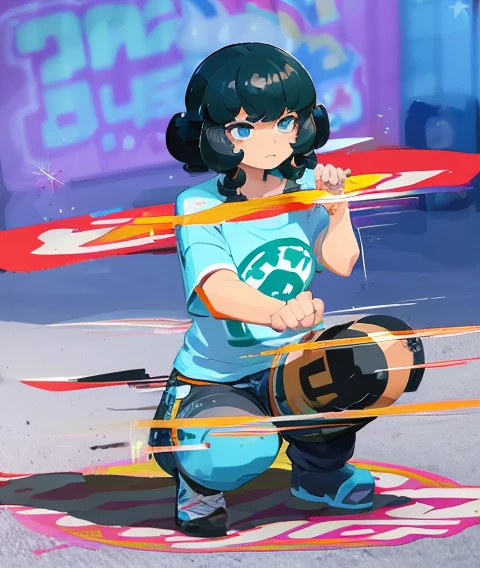 curly hair, crossed bangs, rolling eyes, eyeball, aqua eyes, black hair, Mexican Shirt , Bad Guy , Action painting, motion blur, By Guillaume Renard and Min Geon Rogan, 8k