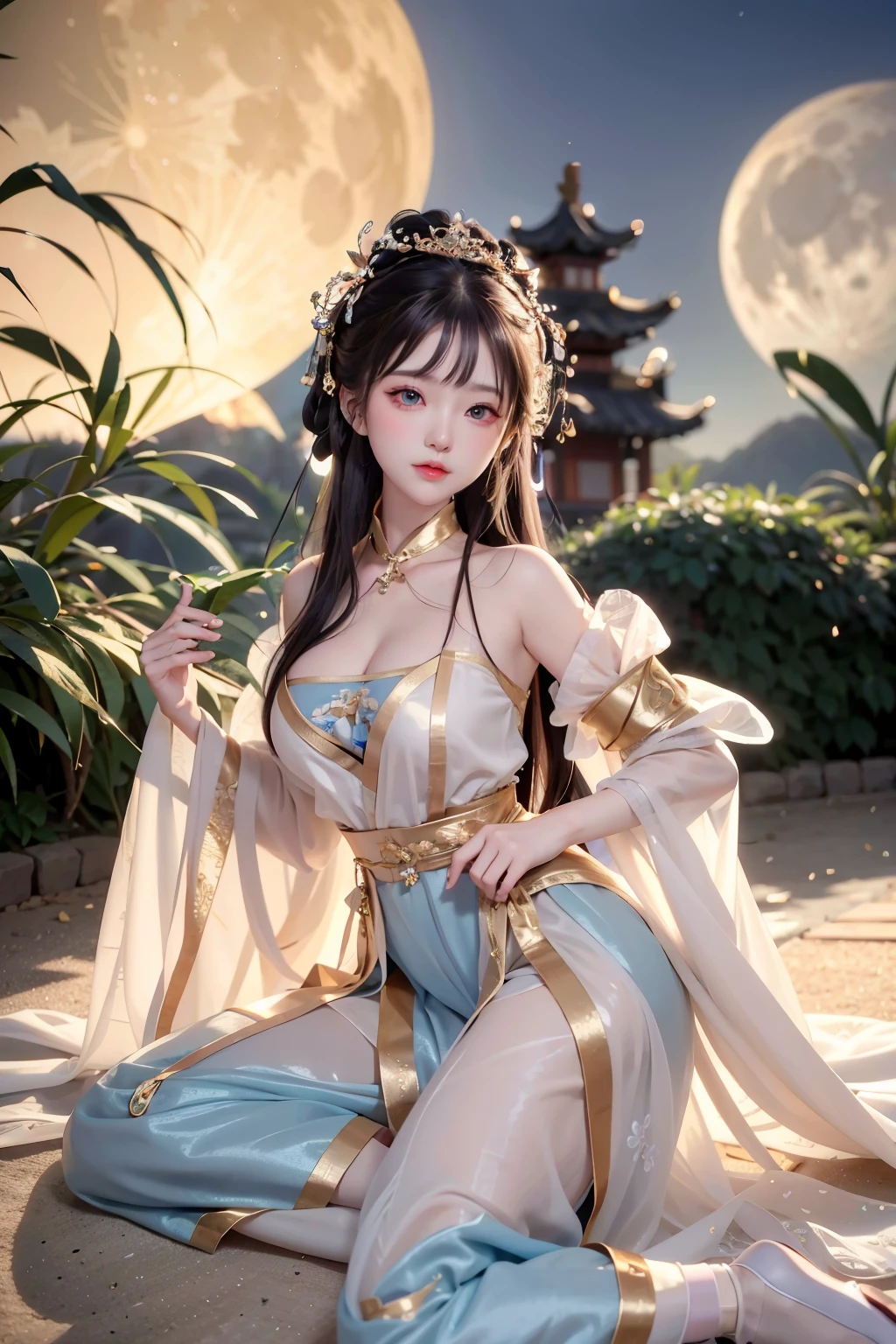 a princess ald old cute Hanfu dynasty open V-chested clothes royal, Wet body of thin silk fabric, Thin silk lace dress, (huge boobs,cleavage),, white pink, blue ,best qualtiy,tmasterpiece,超高分辨率,(真实感:1.4),RAW photogr,(True skin texture:1.3),(filmgrain:1.3),(Selfie angle),1个Giant Breast Girl,Beautiful eye and face details,tmasterpiece,Best quality at best,exposing thighigchest,The chest more exposed, detailed hair,above looking down facing at camera,short dressPrincess Eyes,Super big eyes,Detailed face,shiny pupils, (a garden,moon palace,)