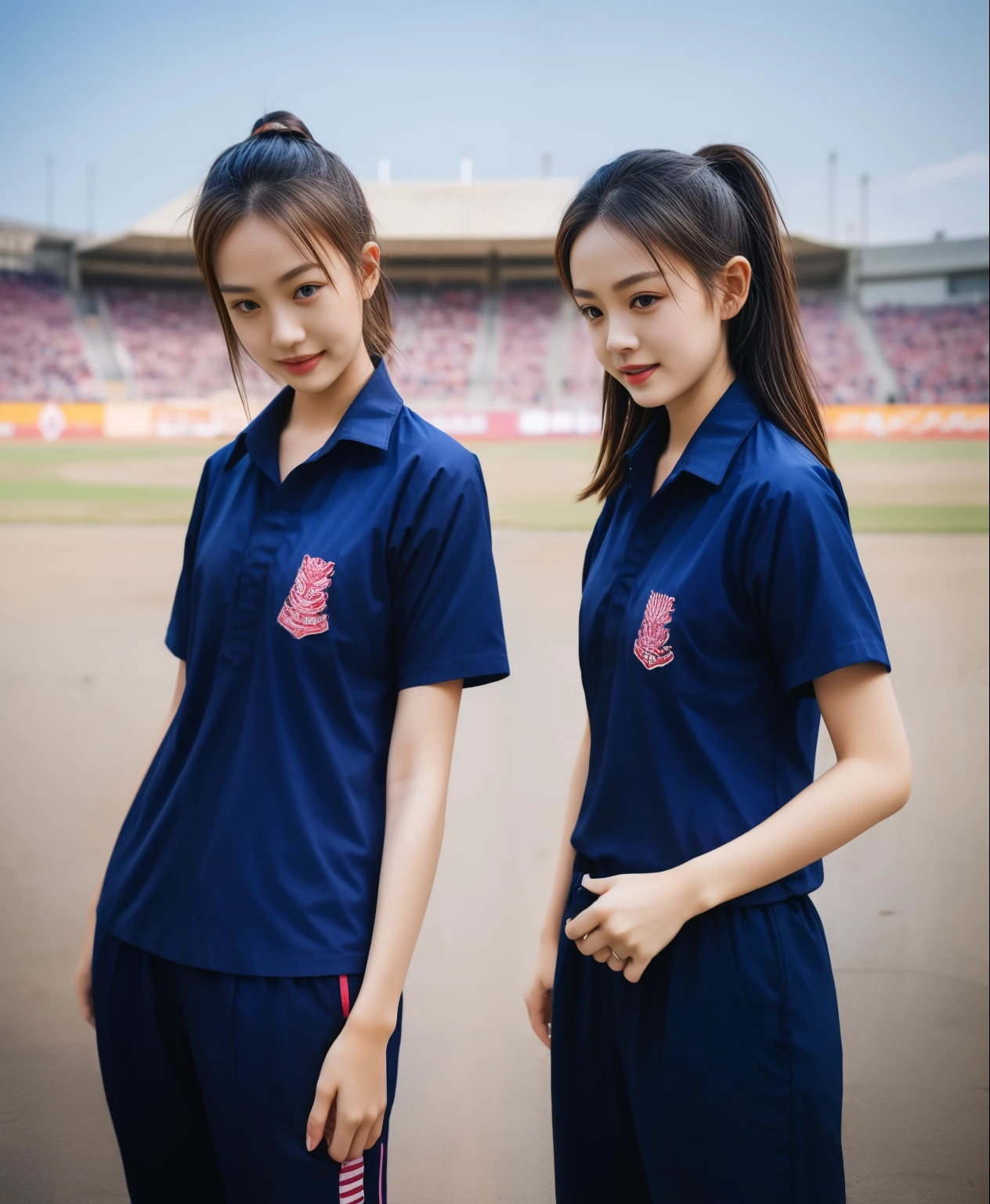(bestquality,10,10,highres,masterpiece:1.2),ultra-detail,(Realistic,ภาพRealistic,photo-realistic:1.37),1 Cute girl in the football field,oily shiny skin,bara,light smile,BDclothelue shirt:1.3)),short sleeves,shirt, trousers.,(navy_long_ติดตามtrousers:1.1), ((Stadium Background:1.3)),dynamic angle,excited,face focus,Dynamic Poses,from behide,Ass Focus,masterpiece, bestquality, ultra realistic, hyper-detail, 8k resolution, RAW photo, crisp focus, ((Navy blue shirt:1.1)), short sleeves, เส้นทางlong, Complete bodyแบบ, 2 mature women, 18yo, cinematic light,trousersวอร์มสีน้ําเงิน,Gymware,Correct anatomy,Complete body, Correct body, sharp face, Correct bodyทางกายวิภาค, full entire body, Realistic gestures, long-haired, Realistic poses,Wear long shorts................................,ช่วงขาlong,Shapely,Sculpting Girl, Slender Figure, mannequin mannequins, Shapely, Beautiful body,trousersวอร์มสีน้ําเงิน, Two girls kissing