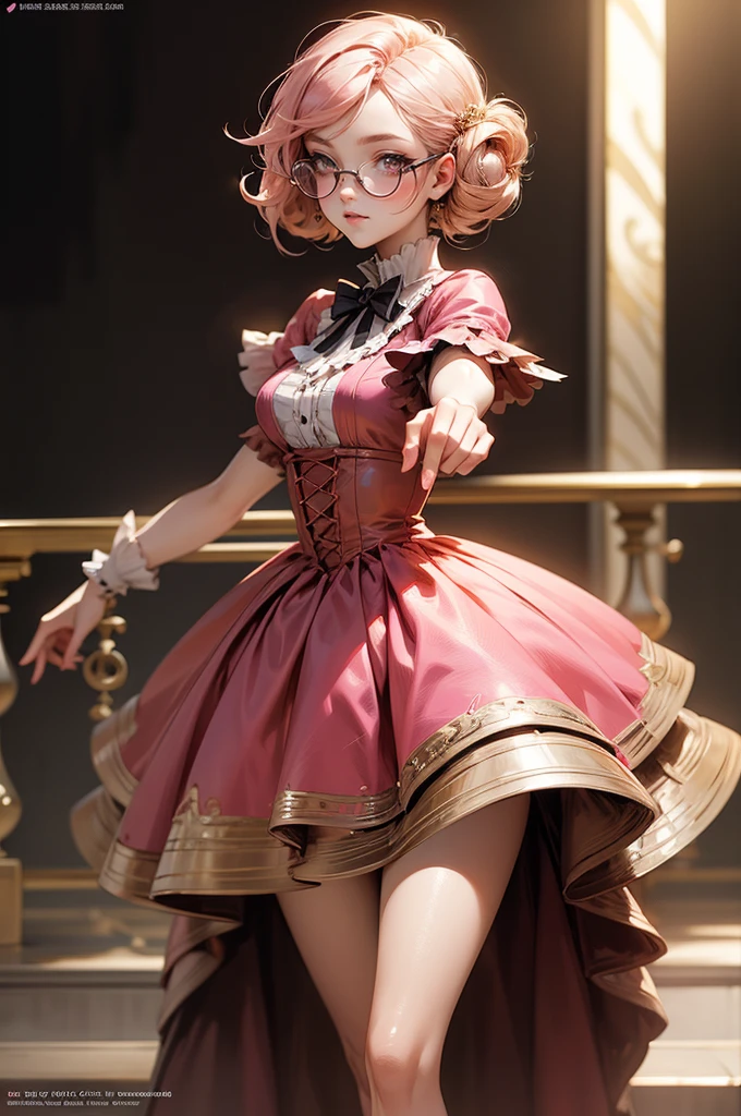 Anime girl tuxedo with curly rose gold hair and round gold glasses, rose gold eyes. Guviz style art, attractive detailed art style, Charlie Bowater Style, 1 7 - year - old cute anime girl, detailed manga style, detailed anime character art, germ of art. High detail, stunning manga art style. Rose dress. (pink dress) . Wearing rose gold Victorian clothing. Dancing litghly