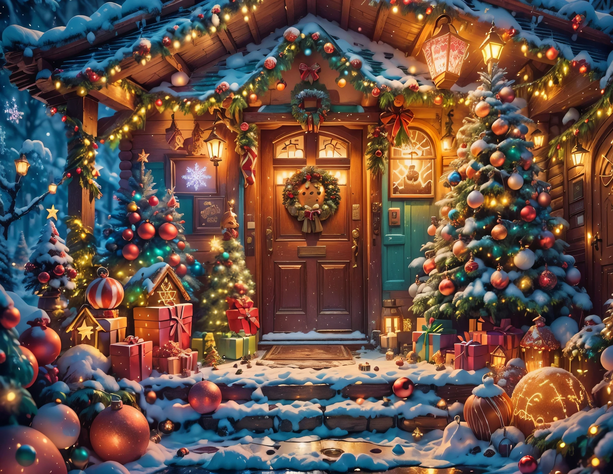 (tmasterpiece),(ultra - detailed:1.3),(Close-up: 1.8), Best quality,(Sparkling:1.2),(Christmas courtyard in a dreamy fairy tale:1.6),(Neon house,门上圣诞decorationlower ring: 1.8),(themoon),(((Delicious candies in front of the door,Christmas tree, gifts, Christmas stockings, cute gingerbread man,chocolate house splash))), Illustration style, decorations, Fantasy Christmas small courtyard, Lovely design style, natta,yuki,moon full,vivd colour、 ((Whimsical and charming fantasy)), Surreal portrait, (Fantasy themed Christmas cabin), (Whimsical Christmas Accessories), (Colorful, Landscape full of candy), (enchanting, 神奇的Christmas tree), (A vibrant one, Candy-colored courtyard), (Candy Road), (candy door) in distance, (Like a mirror, 不对称tmasterpiece钟表配件), (Rich, fantasticcolors), (Twinkling starour dimensional dream), (enchanting atmosphere), (Playful composition), (Vivid lighting effects), 1.4x realism,hyper HD,Shown in this beautiful scene,(Very meticulous,Reasonable design,Clear lines,High- sharpness,tmasterpiece,offcial art,movie light effect,8K)