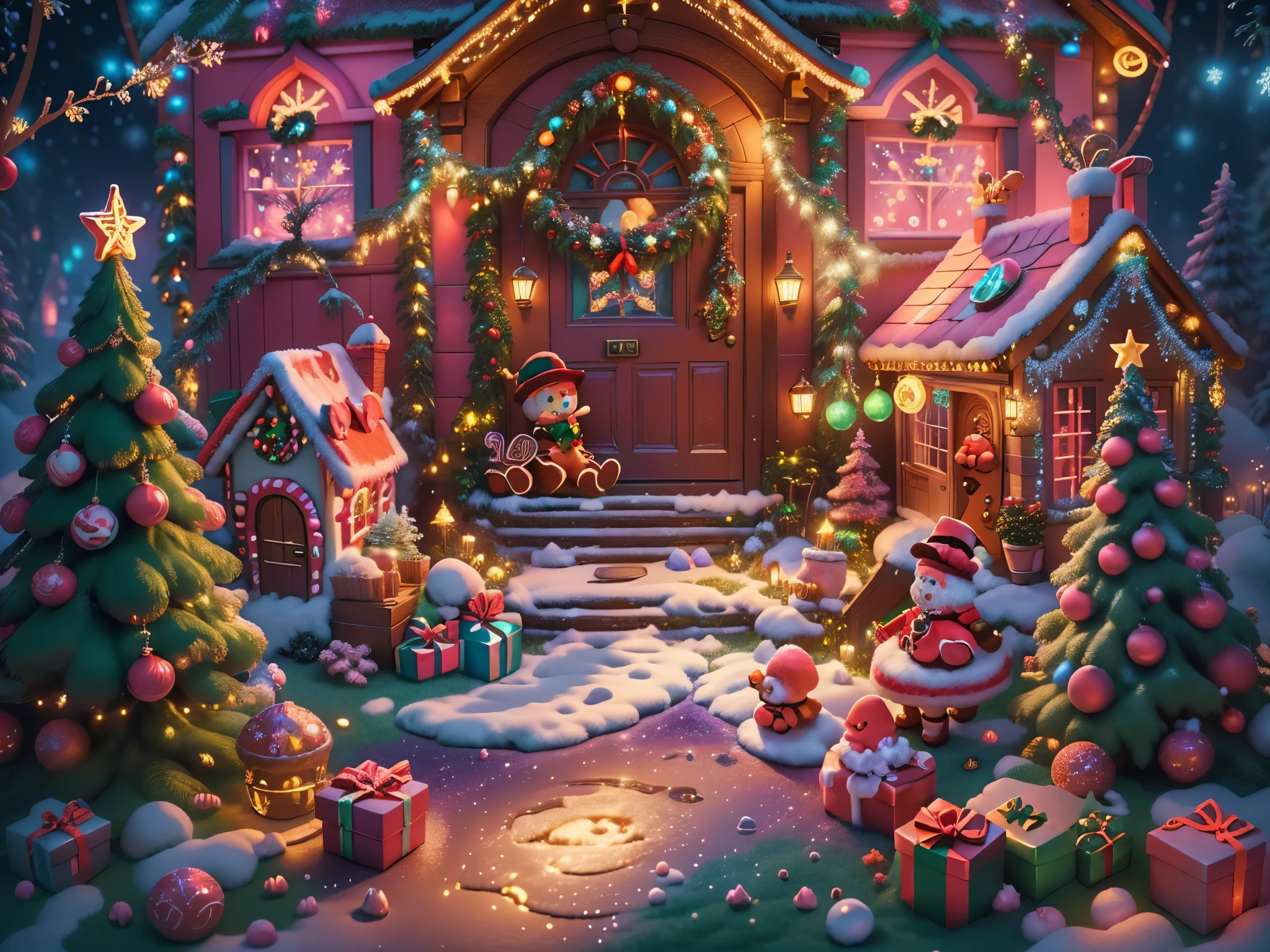 (tmasterpiece),（ultra - detailed:1.3），(Close-up: 1.8), Best quality，（Sparkling:1.2），（Christmas courtyard in a dreamy fairy tale:1.6），(Neon house，门上圣诞decorationlower ring: 1.8),（themoon），(((Delicious candies in front of the door，Christmas tree, gifts, Christmas stockings, cute gingerbread man，chocolate house splash))), Illustration style, decorations, Fantasy Christmas small courtyard, Lovely design style, natta，yuki，moon full，vivd colour、 ((Whimsical and charming fantasy)), Surreal portrait, (Fantasy themed Christmas cabin), (Whimsical Christmas Accessories), (Colorful, Landscape full of candy), (enchanting, 神奇的Christmas tree), (A vibrant one, Candy-colored courtyard), (Candy Road), (candy door) in distance, (Like a mirror, 不对称tmasterpiece钟表配件), (Rich, fantasticcolors), (Twinkling starour dimensional dream), (enchanting atmosphere), (Playful composition), (Vivid lighting effects), 1.4x realism，hyper HD，Shown in this beautiful scene，(Very meticulous，Reasonable design，Clear lines，High- sharpness，tmasterpiece，offcial art，movie light effect，8K)