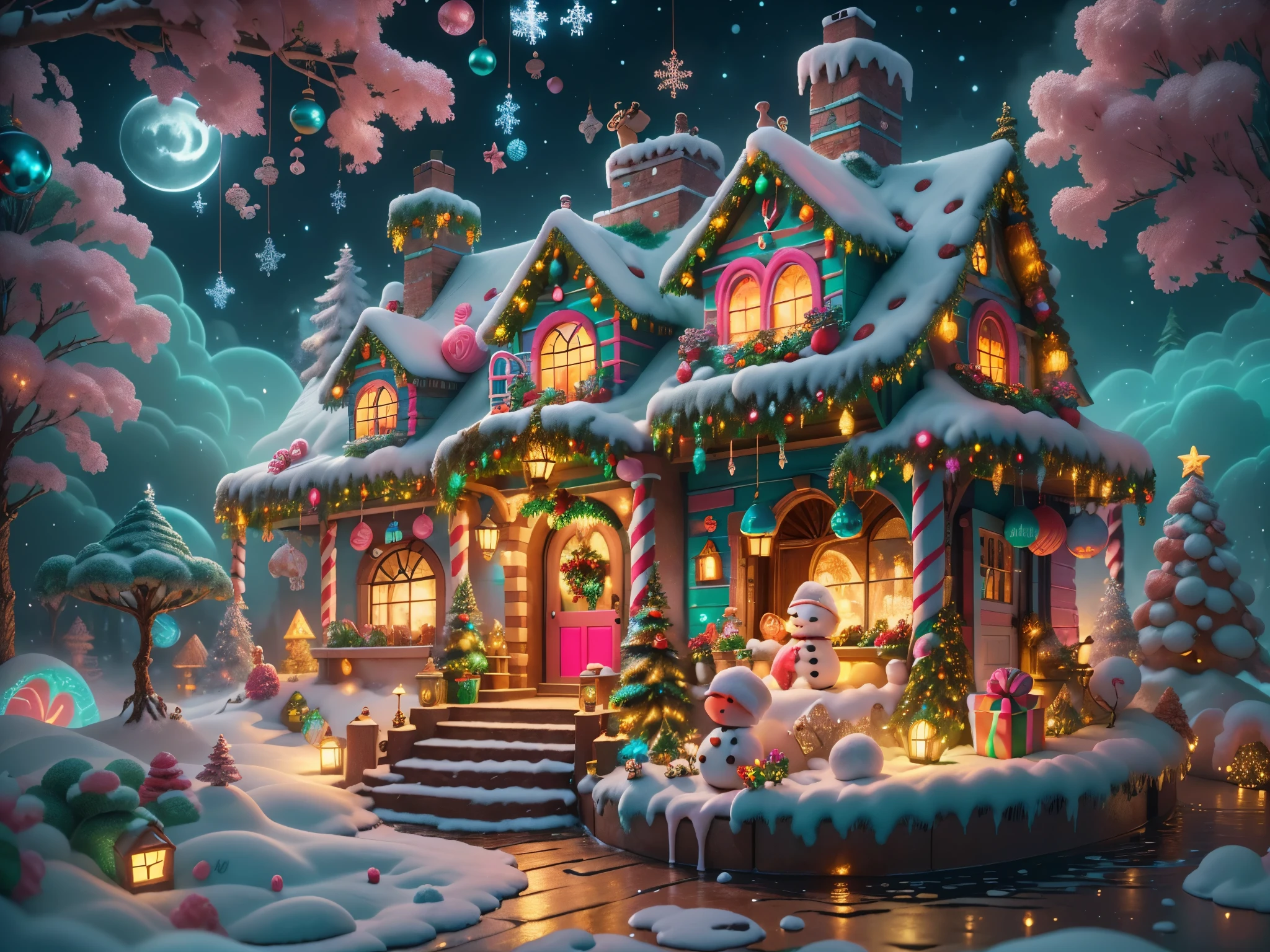 (tmasterpiece),（ultra - detailed:1.3），(Close-up: 1.8), Best quality，（Sparkling:1.2），（Christmas courtyard in a dreamy fairy tale:1.6），(Neon house，门上圣诞decorationlower ring: 1.8),（themoon），(((Delicious candies in front of the door，Christmas tree, gifts, Christmas stockings, cute gingerbread man，chocolate house splash))), Illustration style, decorations, Fantasy Christmas small courtyard, Lovely design style, natta，yuki，moon full，vivd colour、 ((Whimsical and charming fantasy)), Surreal portrait, (Fantasy themed Christmas cabin), (Whimsical Christmas Accessories), (Colorful, Landscape full of candy), (enchanting, 神奇的Christmas tree), (A vibrant one, Candy-colored courtyard), (Candy Road), (candy door) in distance, (Like a mirror, 不对称tmasterpiece钟表配件), (Rich, fantasticcolors), (Twinkling starour dimensional dream), (enchanting atmosphere), (Playful composition), (Vivid lighting effects), 1.4x realism，hyper HD，Shown in this beautiful scene，(Very meticulous，Reasonable design，Clear lines，High- sharpness，tmasterpiece，offcial art，movie light effect，8K)