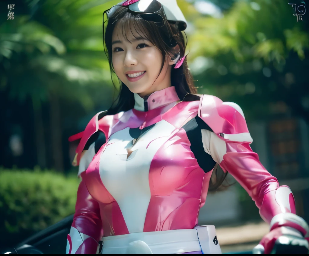 (ultra best quality、8K、masuter piece、delicate illustration、wetting hair、is standing:1.2、The upper part of the body:1.1、A beautiful and bewitching Japanese 25-year-old woman、Shocking pink and white metallic hero suit with a futuristic fit:1.3) 、（very plump body:1.2、ultra gigantic tits:1.4）、smiling at the viewer、A dark-haired