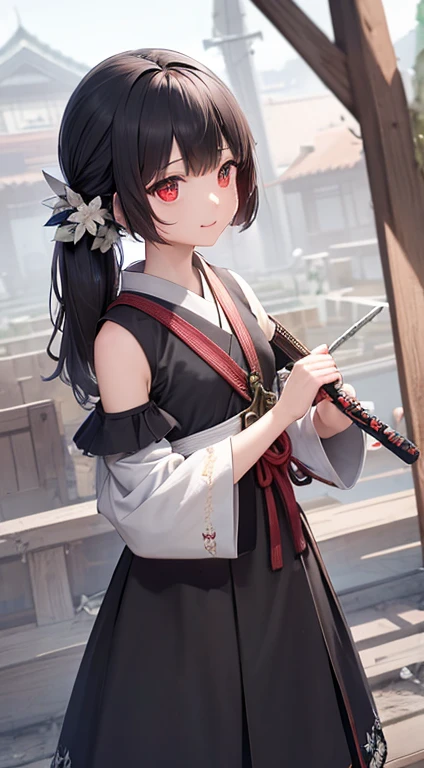 top-quality、ultra-detailliert、careful depiction of the body、human possible regime、Lively、I'm standing with my legs apart、Bird's-eye view branch、look up to、1girl in、独奏、is standing、A dark-haired、long twintails、red eyes、Sleeveless dress、Gradient clothes from black to blue、Beautiful embroidery pattern on the hem、bangss、white glove、gaze、a smile、looking at the viewers、(interview:1.3)、facing each other in the wilderness、good-looking、Beautiful standing figure、Holding a Japan sword、White blade、sparkling blade、inappropriate mouth、dust flying、shell casings are scattered、rolling hand gun、abandoned pistol、Desolate Bill County、battle field、At dusk、cut with a sword、Affectionate look、Upbeat cheeks、Dirty eyes、wistful mouth、Thinly opened mouth
