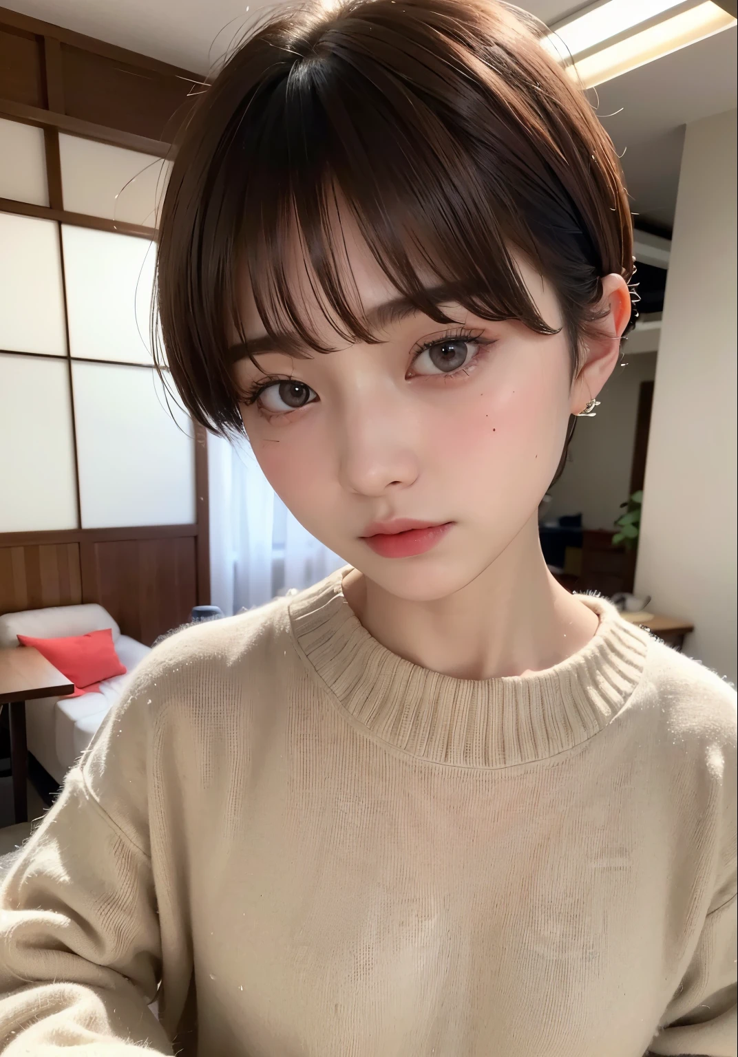 ((top-quality))、(​masterpiece:1.4)、Raw photography、8K、((Top image quality))、 ((hight resolution))、Beautiful face in every detail、realisiticな人の肌、Gentle expression、(One lady:1.3 )、realisitic、(rather short hair:1.4)、(Beautuful Women)、(cute Japanese girls:1.3)、(boyish:1.3)、((mannish))、((Pretty Woman))、(Beautiful hair)、((dark brown  hair))、With bangs、(((Red cheeks)))、(Her eyes are big:1.3)、20-year-old beauty、(her face is small:1.3 )、small head、(long neck:1.3)、oversized clothes、Moe Sleeve、((waking up))、living room、((No makeup))、Looks cold、(looks sleepy:1.4)、