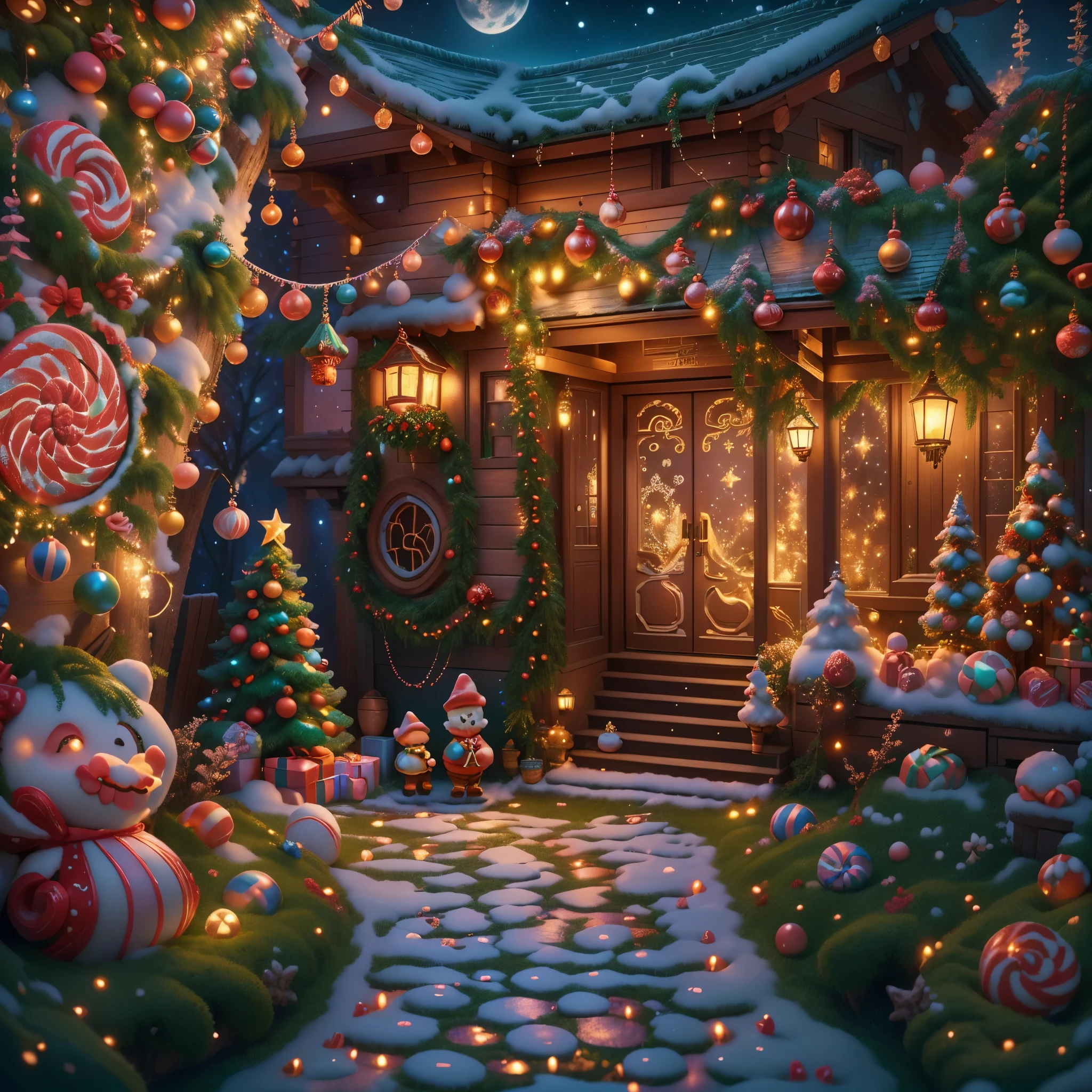 (tmasterpiece),（ultra - detailed:1.3），(Close-up: 1.8), Best quality，（Sparkling:1.2），（Christmas courtyard in a dreamy fairy tale:1.6），(梵高风格的门上圣诞decorationlower ring: 1.8),（themoon），(((Delicious candies in front of the door，Christmas tree, gifts, Christmas stockings, cute gingerbread man，chocolate house splash)), Illustration style, decorations, Fantasy Christmas small courtyard, Lovely design style, natta，yuki，moon full，vivd colour、 ((Whimsical and charming fantasy)), Surreal portrait, (Fantasy themed Christmas cabin), (Whimsical Christmas Accessories), (Colorful, Landscape full of candy), (enchanting, 神奇的Christmas tree), (A vibrant one, Candy-colored courtyard), (Candy Road), (Candy Cottage) in distance, (Like a mirror, 不对称tmasterpiece钟表配件), (Rich, fantasticcolors), (Twinkling stars) Elevated, (four dimensional dream), (Charming and charming atmosphere), (Playful composition), (Vivid lighting effects), 1.4x more realism，hyper HD，Shown in this beautiful scene，（Very meticulous，Reasonable design，Clear lines，High- sharpness，tmasterpiece，offcial art，movie light effect，8K)