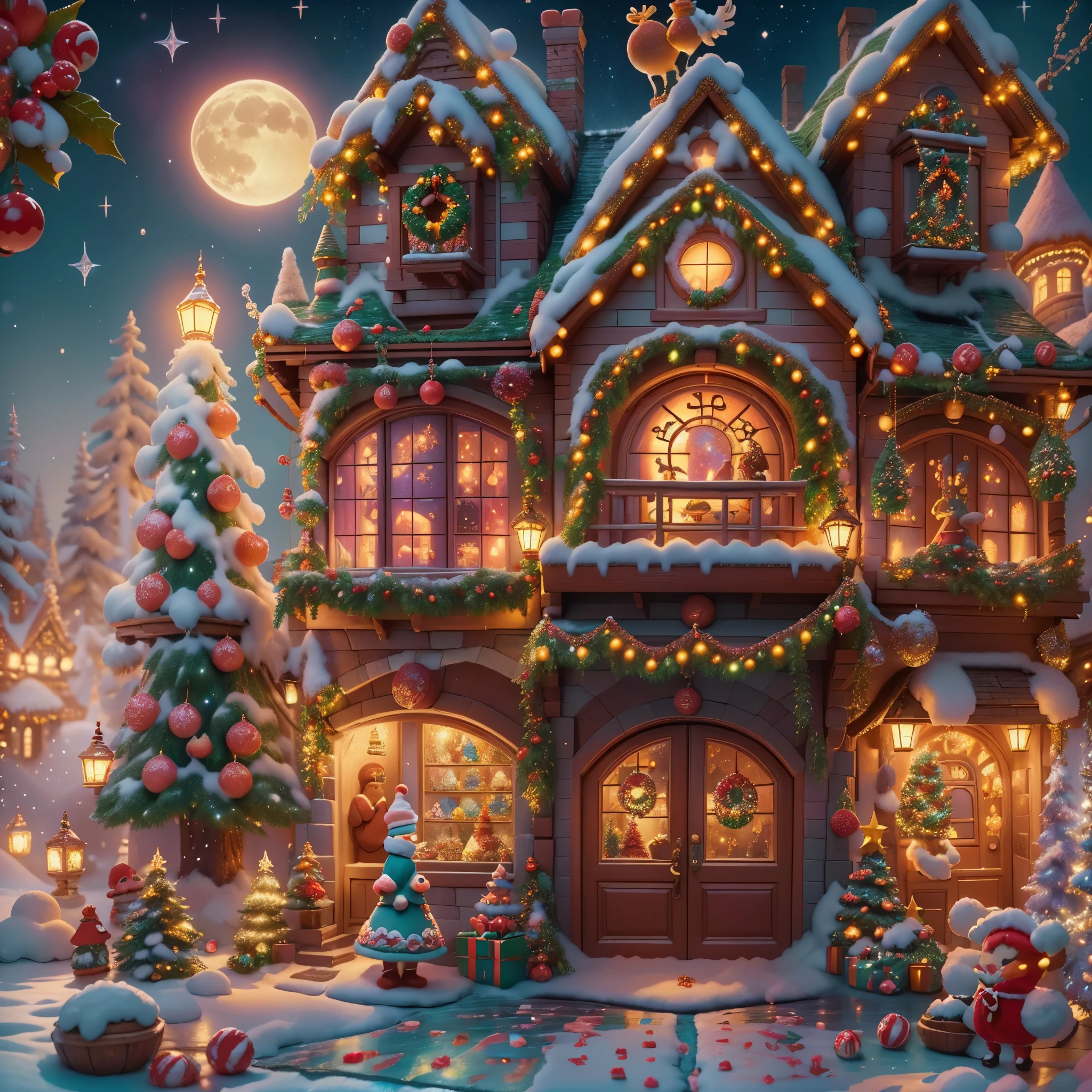 (tmasterpiece),（ultra - detailed:1.3），(Close-up: 1.8), Best quality，（Sparkling:1.2），（Christmas courtyard in a dreamy fairy tale:1.6），(梵高风格的门上圣诞decorationlower ring: 1.8),（themoon），(((Delicious candies in front of the door，Christmas tree, gifts, Christmas stockings, cute gingerbread man，chocolate house splash)), Illustration style, decorations, Fantasy Christmas small courtyard, Lovely design style, natta，yuki，moon full，vivd colour、 ((Whimsical and charming fantasy)), Surreal portrait, (Fantasy themed Christmas cabin), (Whimsical Christmas Accessories), (Colorful, Landscape full of candy), (enchanting, 神奇的Christmas tree), (A vibrant one, Candy-colored courtyard), (Candy Road), (Candy Cottage) in distance, (Like a mirror, 不对称tmasterpiece钟表配件), (Rich, fantasticcolors), (Twinkling stars) Elevated, (four dimensional dream), (Charming and charming atmosphere), (Playful composition), (Vivid lighting effects), 1.4x more realism，hyper HD，Shown in this beautiful scene，（Very meticulous，Reasonable design，Clear lines，High- sharpness，tmasterpiece，offcial art，movie light effect，8K)