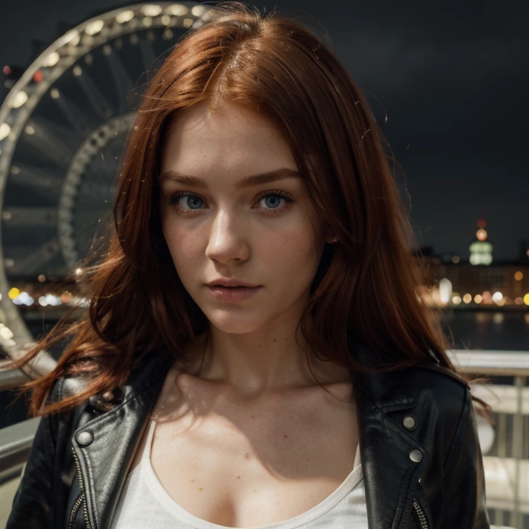 Caucasian red hair middle 20 years girl, fit, staring at the viewer, realistic wearing a black leather jacket somewhere in front of the London eye , glowing hazel greenish eyes, inocent, intense, solodramatic lightinasterpiece:1.2), best quality, high resolution, beautiful detailed, extremely detailed, perfect lighting
