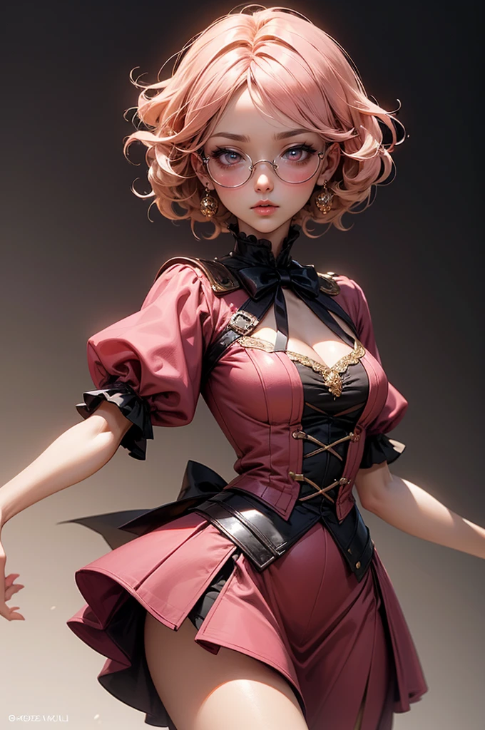 Anime girl tuxedo with curly rose gold hair and round gold glasses, rose gold eyes. Guviz style art, attractive detailed art style, Charlie Bowater Style, 1 7 -  - old e anime girl, detailed manga style, detailed anime character art, germ of art. High detail, stunning manga art style. Rose dress. (pink dress) . Wearing rose gold Victorian clothing. Dancing litghly