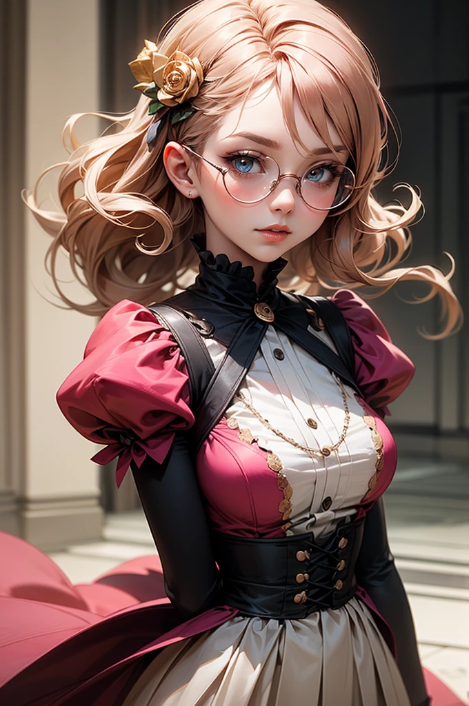 Anime girl tuxedo with curly rose gold hair and round gold glasses, rose gold eyes. Guviz style art, attractive detailed art style, Charlie Bowater Style, 1 7 - year - old cute anime girl, detailed manga style, detailed anime character art, germ of art. High detail, stunning manga art style. Rose dress. (pink dress) . Wearing rose gold Victorian clothing. Dancing litghly
