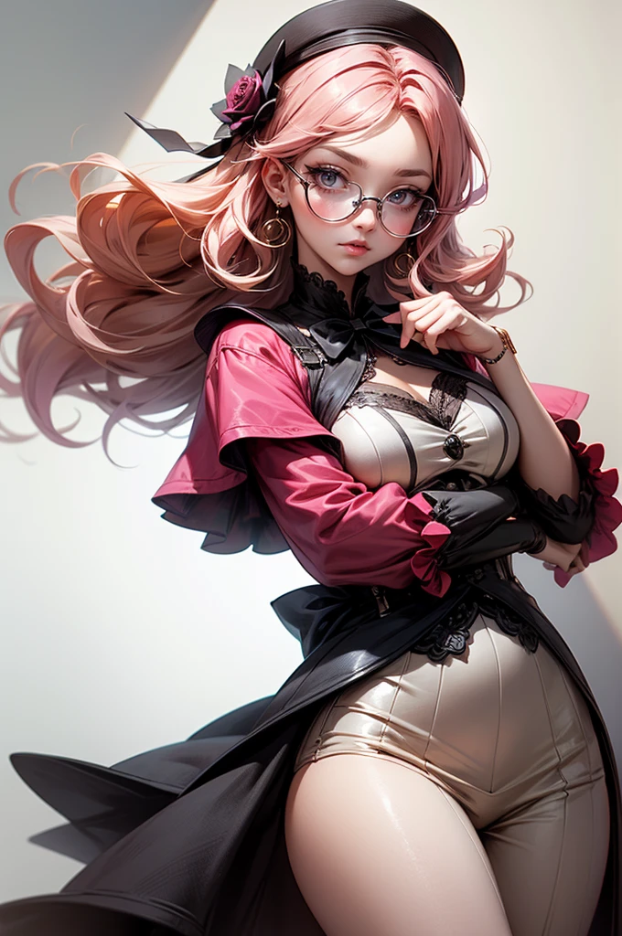 Anime girl tuxedo with curly rose gold hair and round gold glasses, rose gold eyes. Guviz style art, attractive detailed art style, Charlie Bowater Style, 1 7 - year - old cute anime girl, detailed manga style, detailed anime character art, germ of art. High detail, stunning manga art style. Rose dress. (pink dress) . Wearing rose gold Victorian clothing. Dancing litghly
