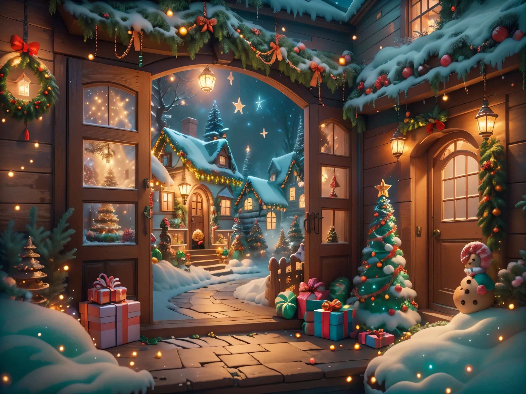 (tmasterpiece),（ultra - detailed:1.3），(Close-up: 1.8), Best quality，（Sparkling:1.2），（Christmas courtyard in a dreamy fairy tale:1.6），(梵高风格的门上圣诞decorationlower ring: 1.8),（themoon），(((Delicious candies in front of the door，Christmas tree, gifts, Christmas stockings, cute gingerbread man，chocolate house splash)), Illustration style, decorations, Fantasy Christmas small courtyard, Lovely design style, natta，yuki，moon full，vivd colour、 ((Whimsical and charming fantasy)), Surreal portrait, (Fantasy themed Christmas cabin), (Whimsical Christmas Accessories), (Colorful, Landscape full of candy), (enchanting, 神奇的Christmas tree), (A vibrant one, Candy-colored courtyard), (Candy Road), (Candy Cottage) in distance, (Like a mirror, 不对称tmasterpiece钟表配件), (Rich, fantasticcolors), (Twinkling stars) Elevated, (four dimensional dream), (Charming and charming atmosphere), (Playful composition), (Vivid lighting effects), 1.4x more realism，hyper HD，Shown in this beautiful scene，（Very meticulous，Reasonable design，Clear lines，High- sharpness，tmasterpiece，offcial art，movie light effect，8K)