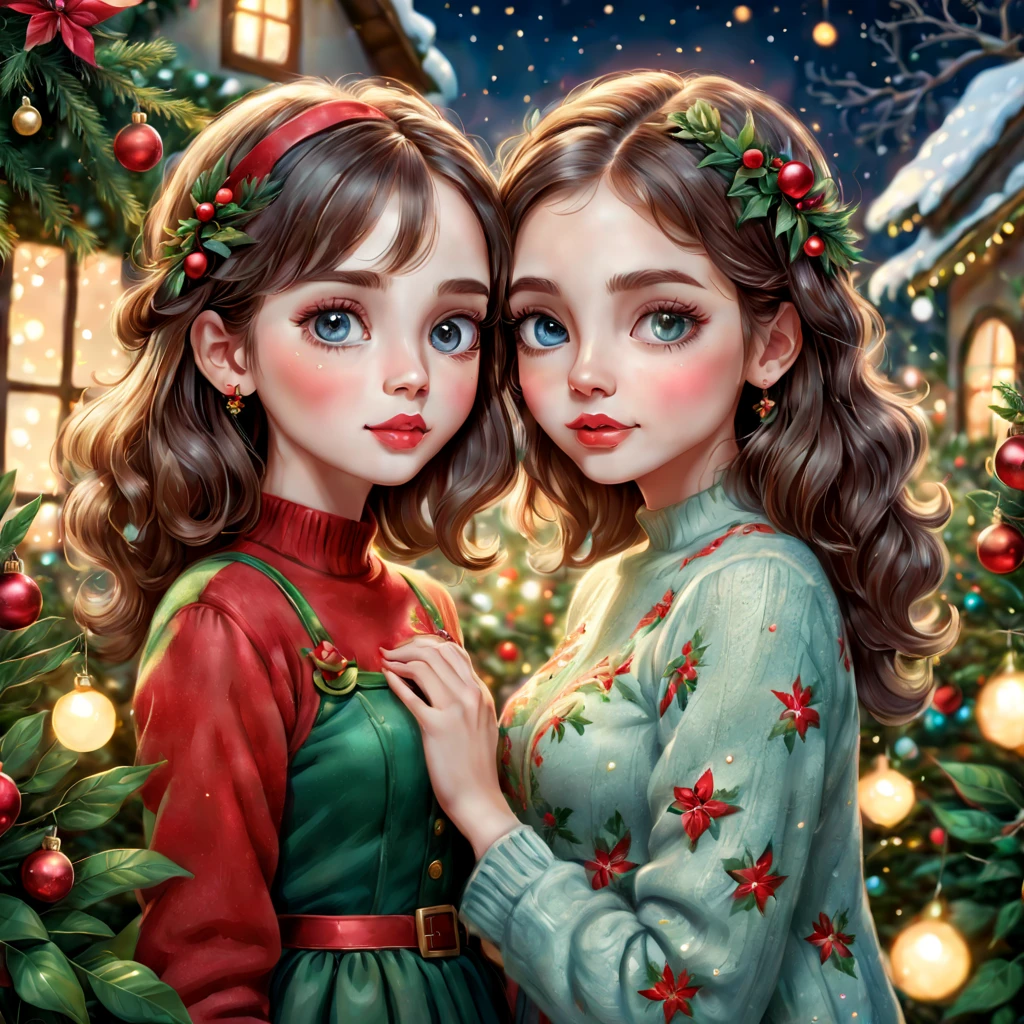 A girl in a garden,sticker material,beautiful detailed eyes,beautiful detailed lips,extremely detailed eyes and face,long eyelashes,2girls,Christmas theme,sparkling holiday colors,shimmering lights, whimsical ornaments,joyful atmosphere,hand-drawn style,high-res,ultra-fine painting,vivid colors,studio lighting.