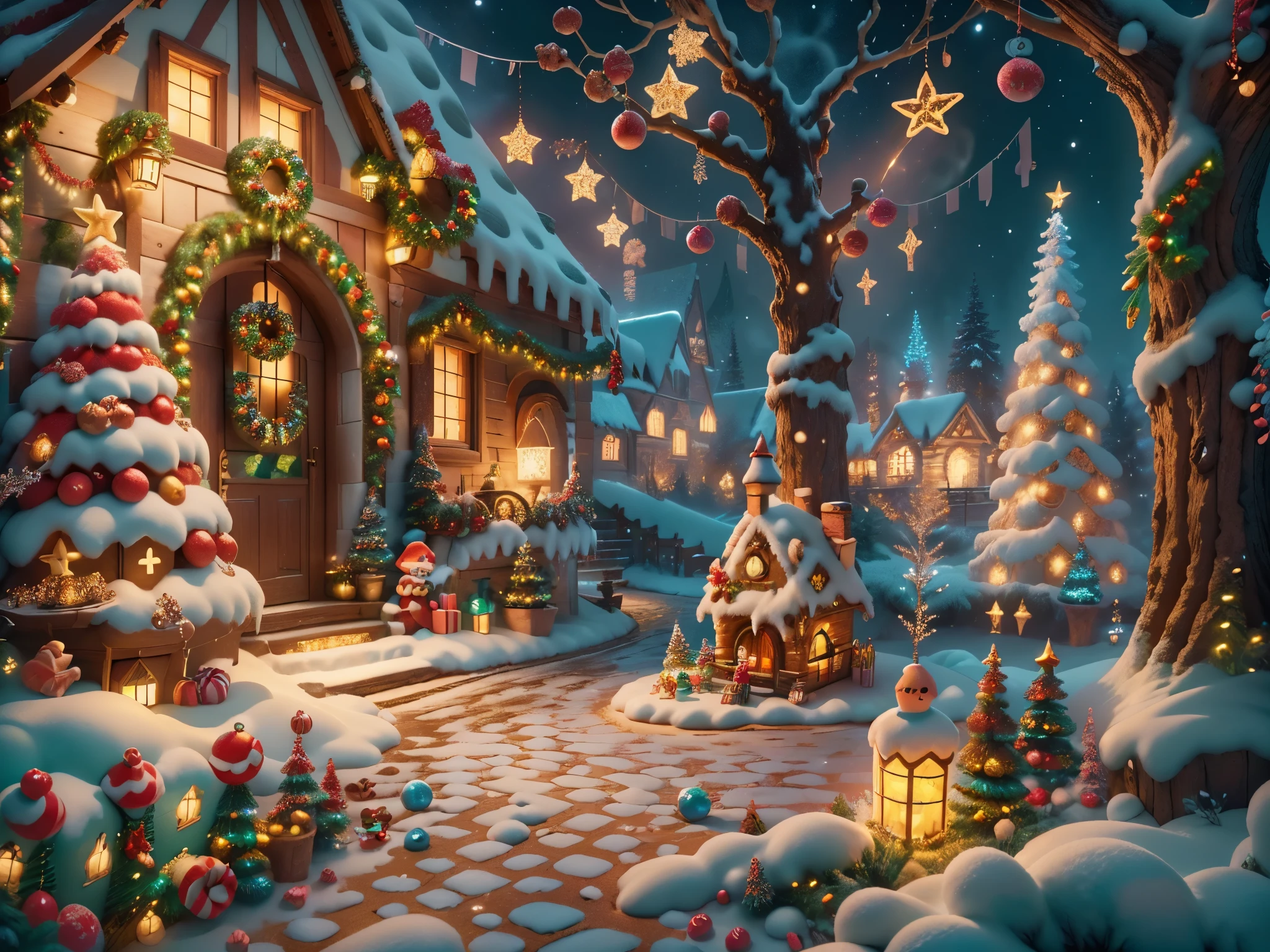 (tmasterpiece),（ultra - detailed:1.3），(Close-up: 1.8), Best quality，（Sparkling:1.2），（Christmas courtyard in a dreamy fairy tale:1.6），(梵高风格的门上圣诞decorationlower ring: 1.8),（themoon），(((Delicious candies in front of the door，Christmas tree, gifts, Christmas stockings, cute gingerbread man，chocolate house splash)), Illustration style, decorations, Fantasy Christmas small courtyard, Lovely design style, natta，yuki，moon full，vivd colour、 ((Whimsical and charming fantasy)), Surreal portrait, (Fantasy themed Christmas cabin), (Whimsical Christmas Accessories), (Colorful, Landscape full of candy), (enchanting, 神奇的Christmas tree), (A vibrant one, Candy-colored courtyard), (Candy Road), (Candy Cottage) in distance, (Like a mirror, 不对称tmasterpiece钟表配件), (Rich, fantasticcolors), (Twinkling stars) Elevated, (four dimensional dream), (Charming and charming atmosphere), (Playful composition), (Vivid lighting effects), 1.4x more realism，hyper HD，Shown in this beautiful scene，（Very meticulous，Reasonable design，Clear lines，High- sharpness，tmasterpiece，offcial art，movie light effect，8K)