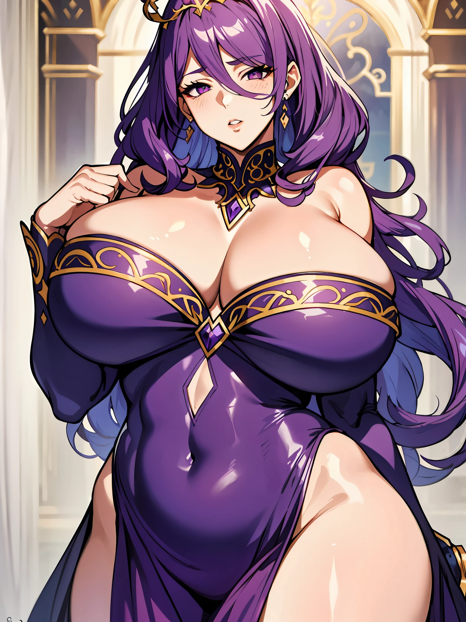 masterpiece:1.2, (best quality), (real picture, intricate details, depth of field), make up, parted lips, highly-detailed, perfect face, (huge breasts:1.8), (skindentation), attractive waist, tall, glossy coral lips, moderate musculature, toned abdomen, beautiful navel, (extra long purple hairs:1.2), (beautiful bright coral pink eyes), sexy, blushing, Massive Cleavage, Disproportional tits, hanging breasts, Queen, Tiara,