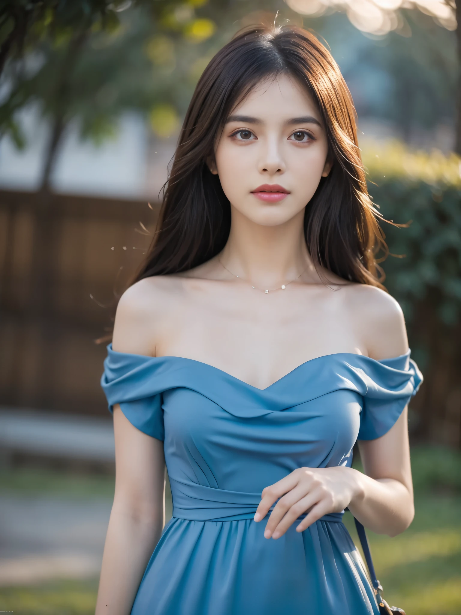 Obra maestra, La mejor calidad, ultra-high resolution, Foto de alto detalle, Unidad 8K Fondo de pantalla, CG extremadamente detallado:1.2),(Foto RAW:1.realistic photography:1.4), 1girll , joven, physically based representation, beautiful, (Cara finamente detallada:1.4, Ropa detallada), (Detallado:1.4) Cara hermosa, Profundidad de campo, Agregar capa, hiperrealista, 27 years old, Modelo de cuerpo perfecto, senos perfectos, 175cm de altura, pose sexy, cuerpo completo, Tipo de cuerpo del modelo, (Blue Dress: 1.4), (Outdoor, Night: 1.1), Cabello largo, Eimi Fukada, doble parpado, night sky, cold light, professional lighting, bokeh