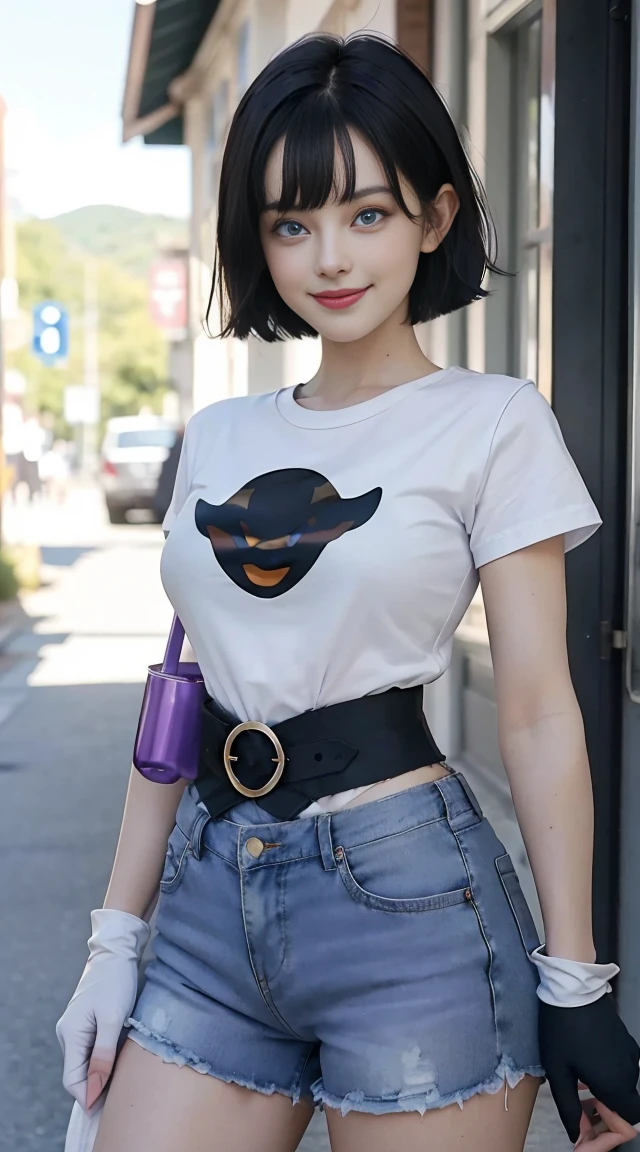 masterpiece, best quality,8k, highres, (videl1:1.1), solo, blue eyes, black hair, short hair, black gloves, bike_shorts, bangs, purple shirt, white shirt, purple short sleeves, medium breasts, cowboy shot, smile, street,