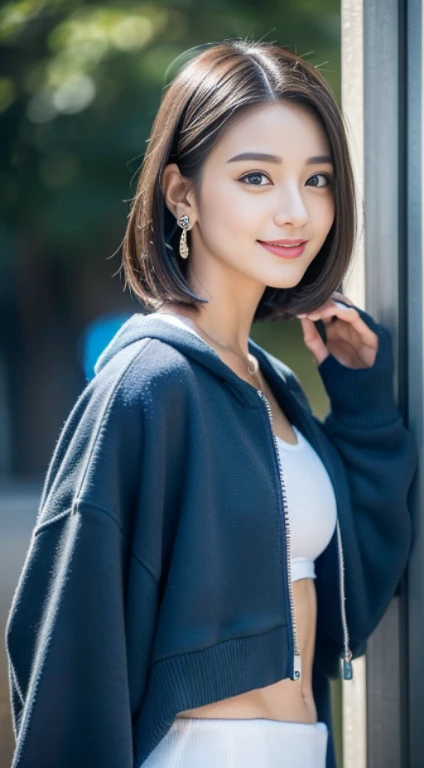 (((32K,very high res, high detailing, highly accurate,Masterpiece Girl 1))),Raw photo & realistic atmosphere,beautiful dark blue eyes,Detailed mouth,Glossy lips,Detailed eyebrows,Soft white skin that shines with every detail,,Eyes drawn in detail、Very beautiful eyes with azure eyes,Detailed lips、Very beautiful face,Very well-formed face、Lifelike face,shiny beautiful lips,Beautiful eyebrows,Infinite reality,Best design,（A very cute, active and aggressive 23 year old Japanese woman.,,Toned body,Perfect Gal Leader Model,Beautifully shaped breasts,Very cute beautiful girl, Girl：1.5）,Best Natural Makeup,Japanese ido,Korean Idols,Young Idols,Moist eyes,Dark beautiful eyes,Beautiful butt,beauty legs,,camel's foot,：1.3),超A high resolution、,Natural and realistic face,Back lighting,Pure eyes are too cute,(((photorealisim,Photograph the whole body))),,Reality Live Action,（ earrings,a necklace,Glossy nail art,She wears a long black coat over a blue bright-colored sweat hoodie,Wide Slack Pants,White sneakers,Beautiful fashion,Blonde Shorthair,独奏,Lori,Smile faintly,full body Esbian：1.7）,（Show full-body fashion,：1.8）、(((full body Esbian)))
