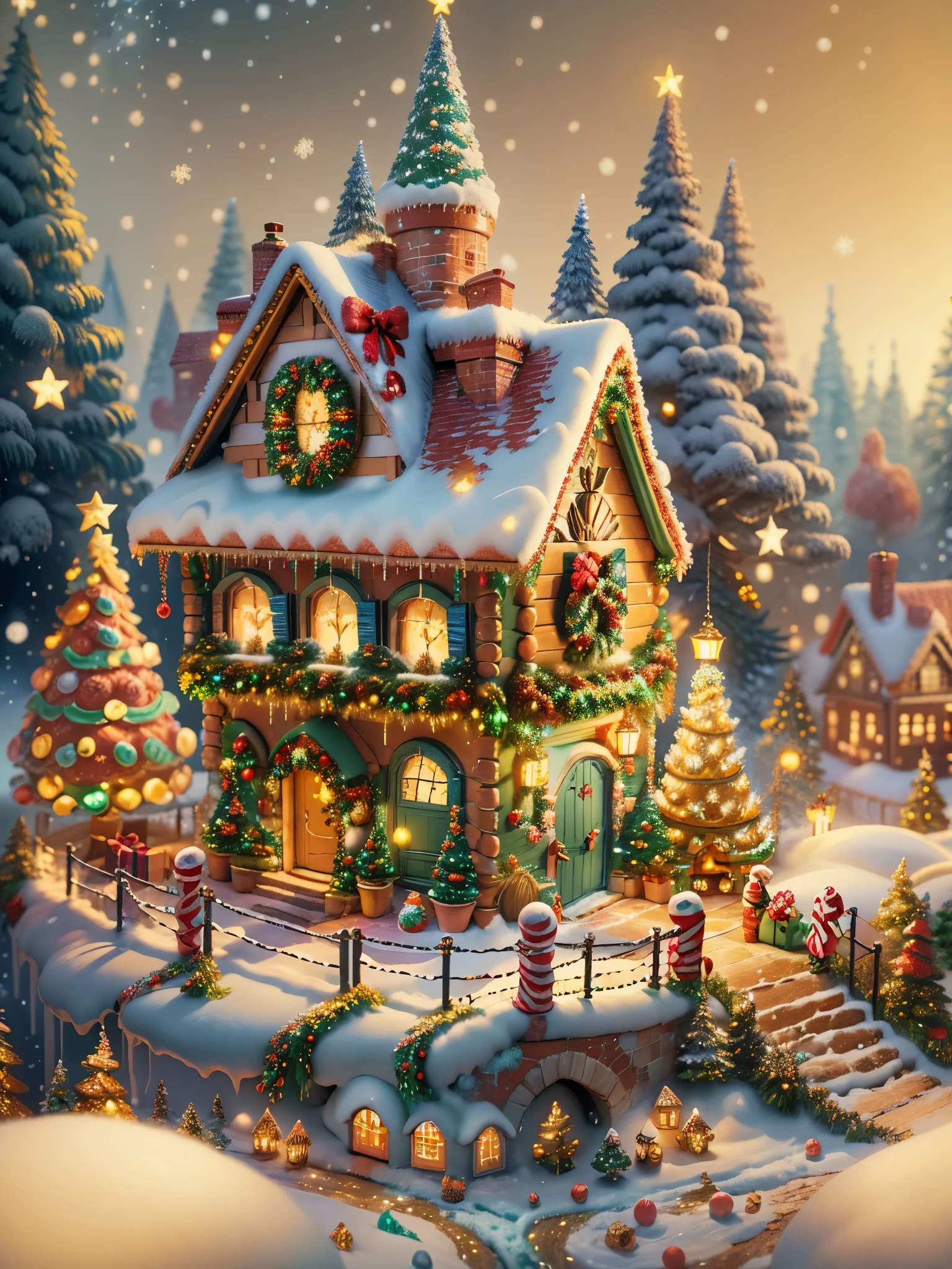 (tmasterpiece),（ultra - detailed:1.3），Best quality，（Sparkling:1.2），（Christmas courtyard in a dreamy fairy tale:1.4），(Van Gogh style door Christmas decorationlower ring: 1.7),（The moon is empty），((Delicious sweets，Christmas tree, gifts, Christmas stockings, cute gingerbread man，chocolate house splash)), Illustration style, and decorations, Fantasy Christmas Garden, Lovely design style, natta，snow field，moon full，vivd colour、 ((Whimsical and charming fantasy)), Surreal portrait, (Fantasy themed Christmas cabin), (Whimsical Christmas Accessories), (Colorful, Landscape full of candy), (enchanting, 神奇的Christmas tree), (A vibrant one, Candy-colored courtyard), (Candy Road), (Candy Cottage) in distance, (Like a mirror, 不对称tmasterpiece钟表配件), (Rich, fantasticcolors), (Twinkling stars) Elevated, (four dimensional dream), (Charming and charming atmosphere), (Playful composition), (Vivid lighting effects), 1.4x more realism，hyper HD，Shown in this beautiful scene，（Very meticulous，Reasonable design，Clear lines，High- sharpness，tmasterpiece，offcial art，movie light effect，8K)