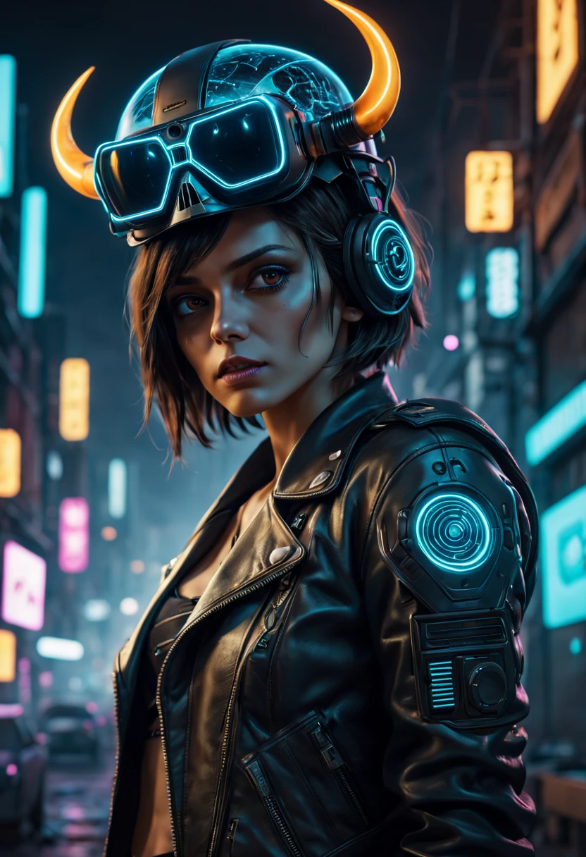 (best quality,4k,8k,highres,masterpiece:1.2),ultra-detailed,(realistic,photorealistic,photo-realistic:1.37),cyberpunk,cowboy,robot,bull,skull,detailed,cybernetic,cowboy hat,metallic texture,neon lightackdrop,gritty,technological,futuristic,vibrant colors,Thrilling action scene,motion blur,electric sparks,bionic arm,sharp focus,dystopian cityscape,smoky atmosphere,android,cyber enhancements,glowing eyes,leather jacket,high-tech weapon,virtual reality headset,wires and cables,retro-futuristic,nighttime scene,mixed reality,+1girl.